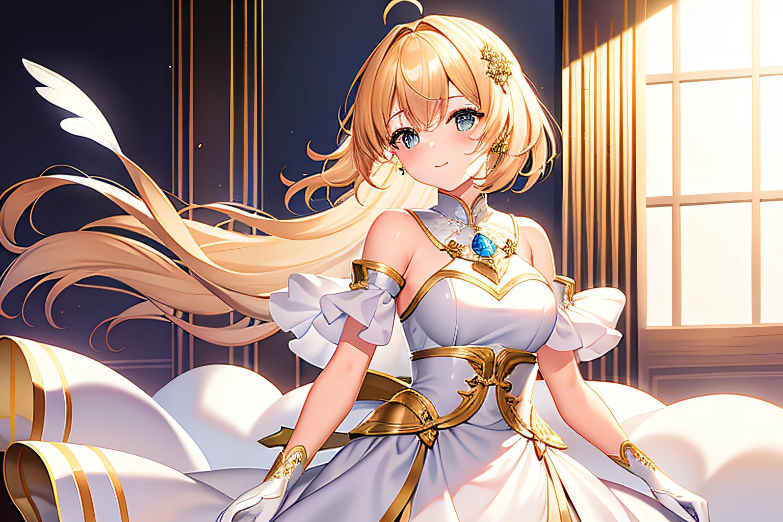 {{{masterpiece}}}, 1girl, ahoge, amco, bangs, blush, bridal gauntlets, capelet, closed mouth, crossed bangs, white long dress, final fantasy, winged capelet, yellow hair, hair band, hair between eyes, hair ornament, highres, jewelry, looking at viewer, extra short hair, beautiful detailed background, solo, upper body, shoulder wing, white gold theme, {{gold trim}}, gold furniture, indoor, royal palace, {{{{{wind blowing}}}}}, glowing light, {{{{{{yellow petals}}}}}}, {{{{{light particles}}}}}