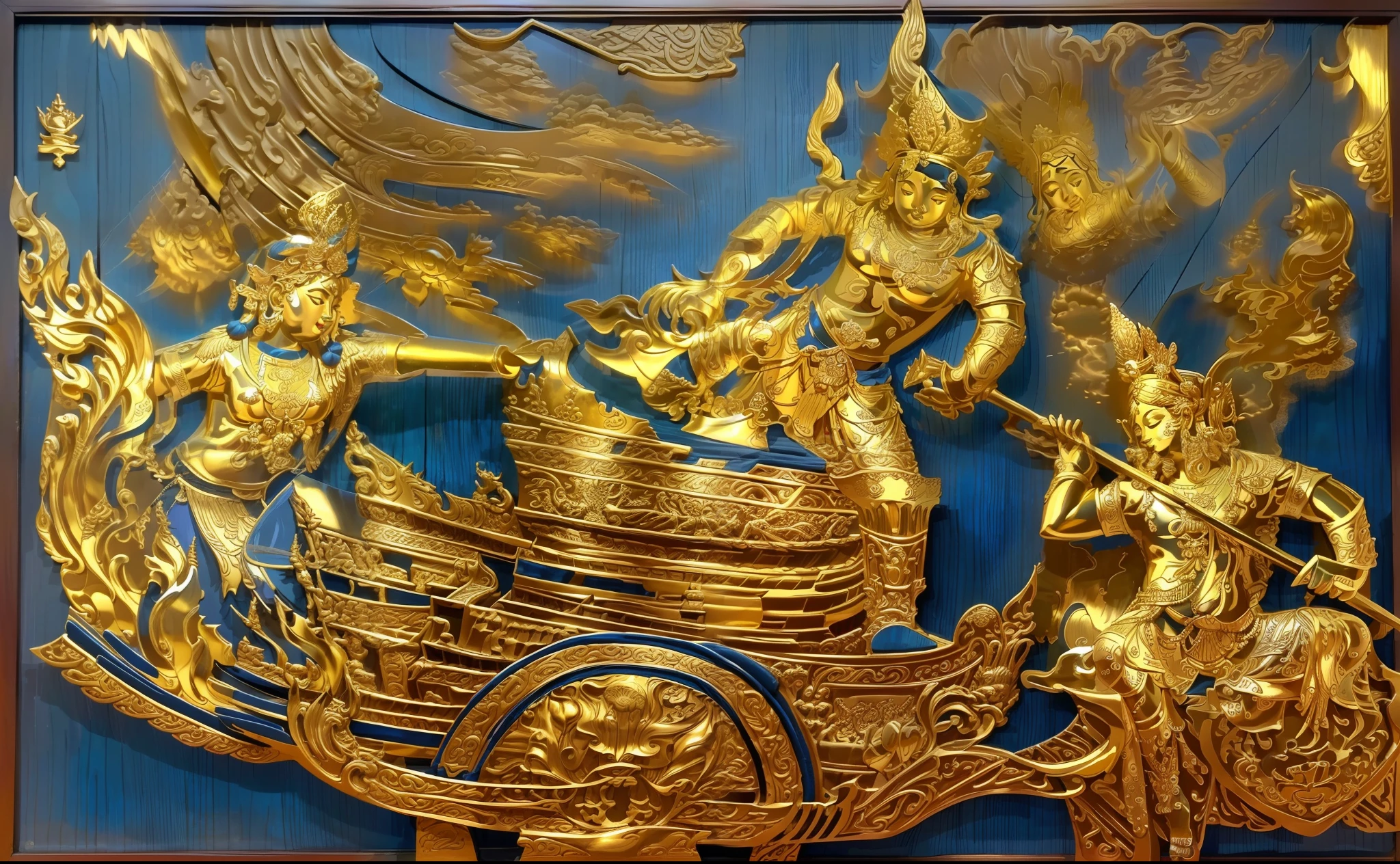 There is a blue book with giant drawings on the ship...., etched relief, Very complex intaglio..., Very detailed., Unknown Artist, Highly detailed engraving, Embossed carving, Inlaid Gold, Intricate engraving, gravure, Blue wood grain print, Wood cutting, Intricately detailed engraving, Thai art, Unknown Artist, Wooden Block, carving, Part of the screen