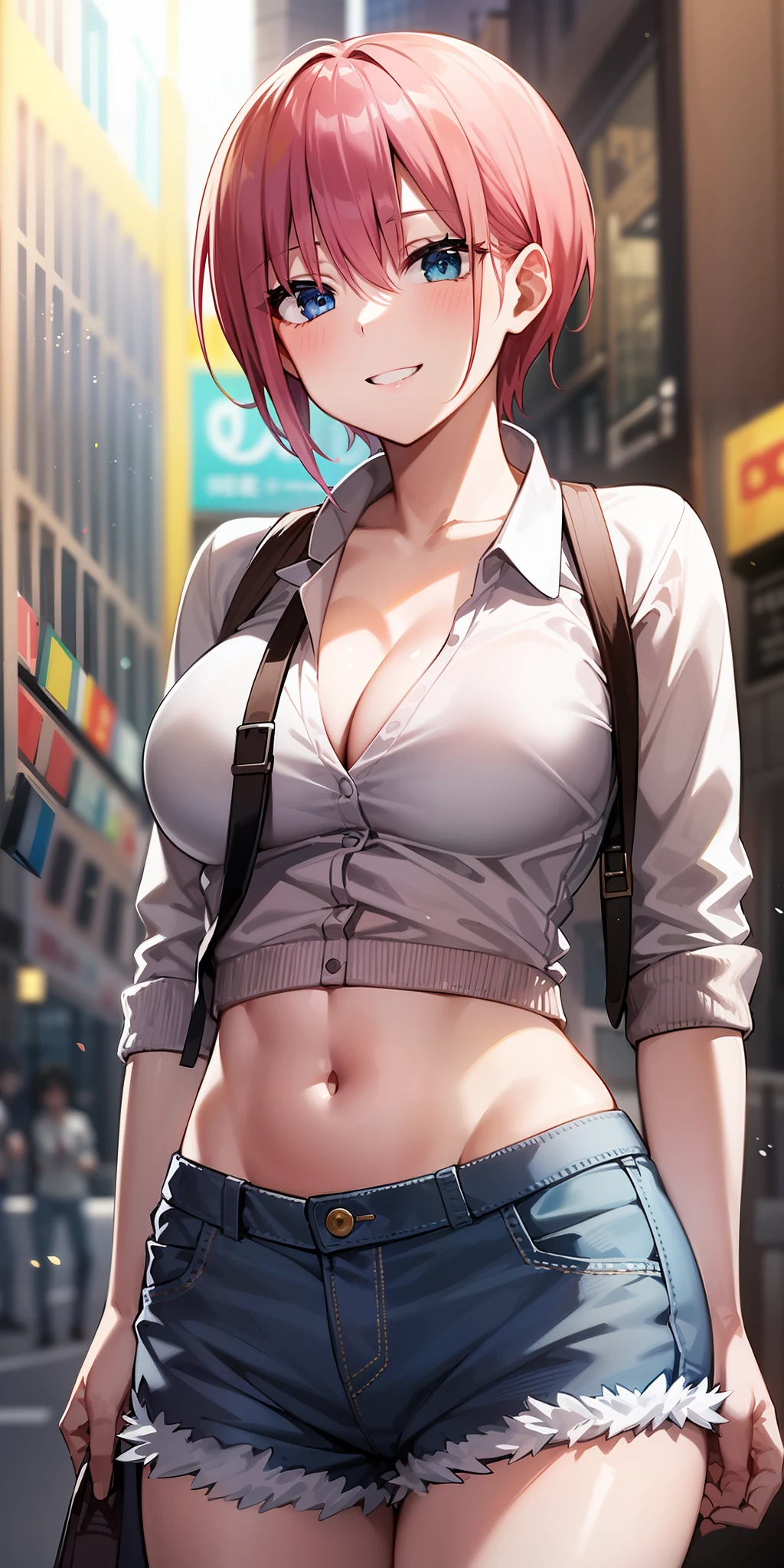 2d, masterpiece, best quality, anime, highly detailed, 1girl, solo, cowboy shot, nakano ichika, pink hair, short hair, cardigan around waist,White crop top, cleavage,Denim shorts, medium breasts, standing, outdoors, smile