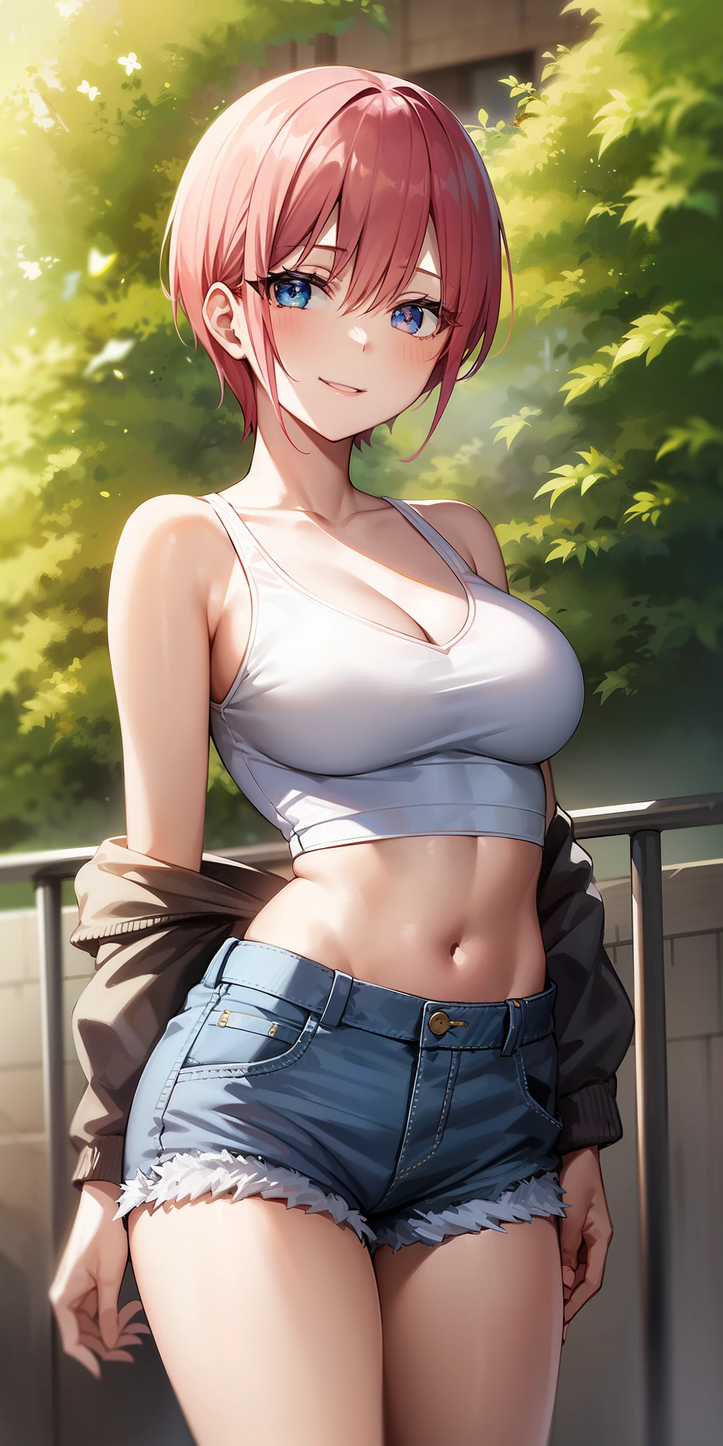 2d, masterpiece, best quality, anime, highly detailed, 1girl, solo, cowboy shot, nakano ichika, pink hair, short hair, cardigan around waist,White crop top, cleavage,Denim shorts, medium breasts, standing, outdoors, smile