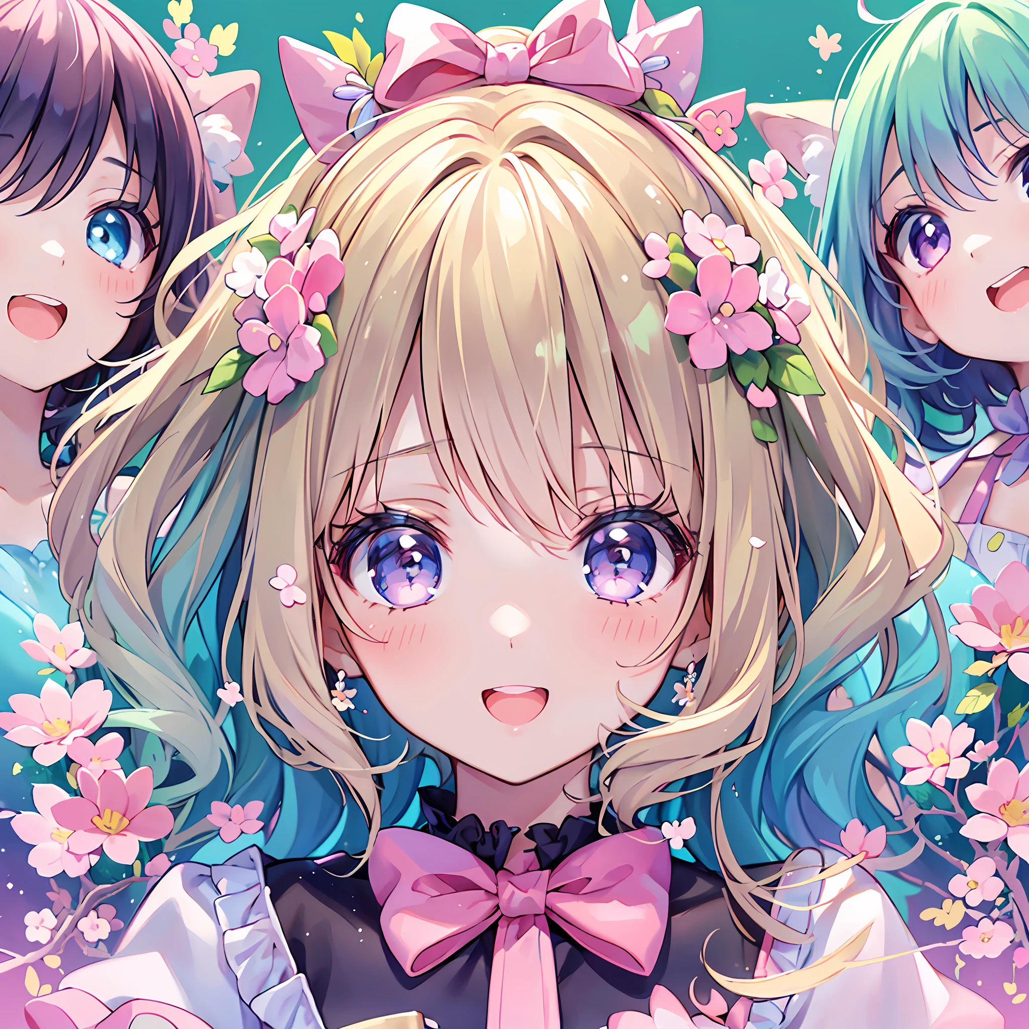 masterpiece, (million 2girls and 2girls and 2girls and 2girls), idol, closeup, big eyes, kawaiitech, kawaii, cute, pastel colors, best quality, happy, deep background, symmetrical, tilted head, spring, cover