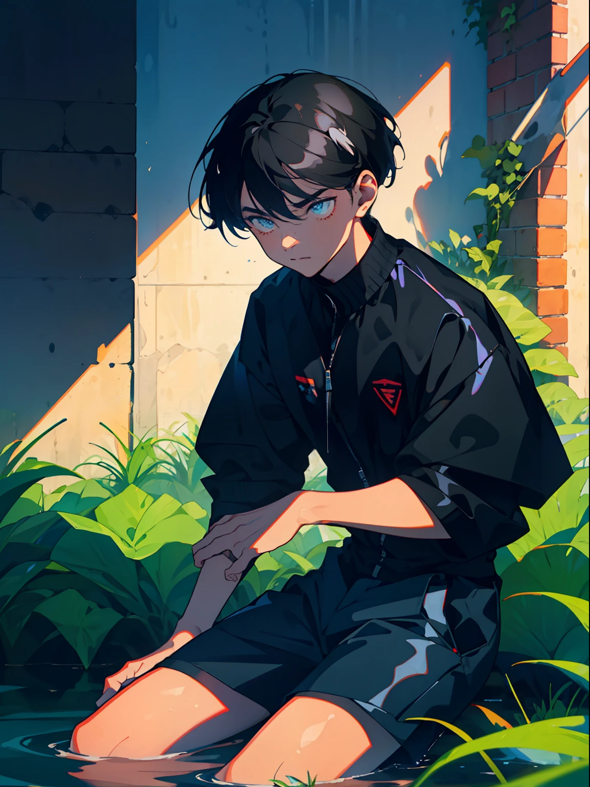 Teenager with wet pants，Short black hair，M bangs，blue color eyes，The expression looks angry，detest，Black suit shorts，kneeling to sitting on the ground，Get wet with water，Be red in the face，vred