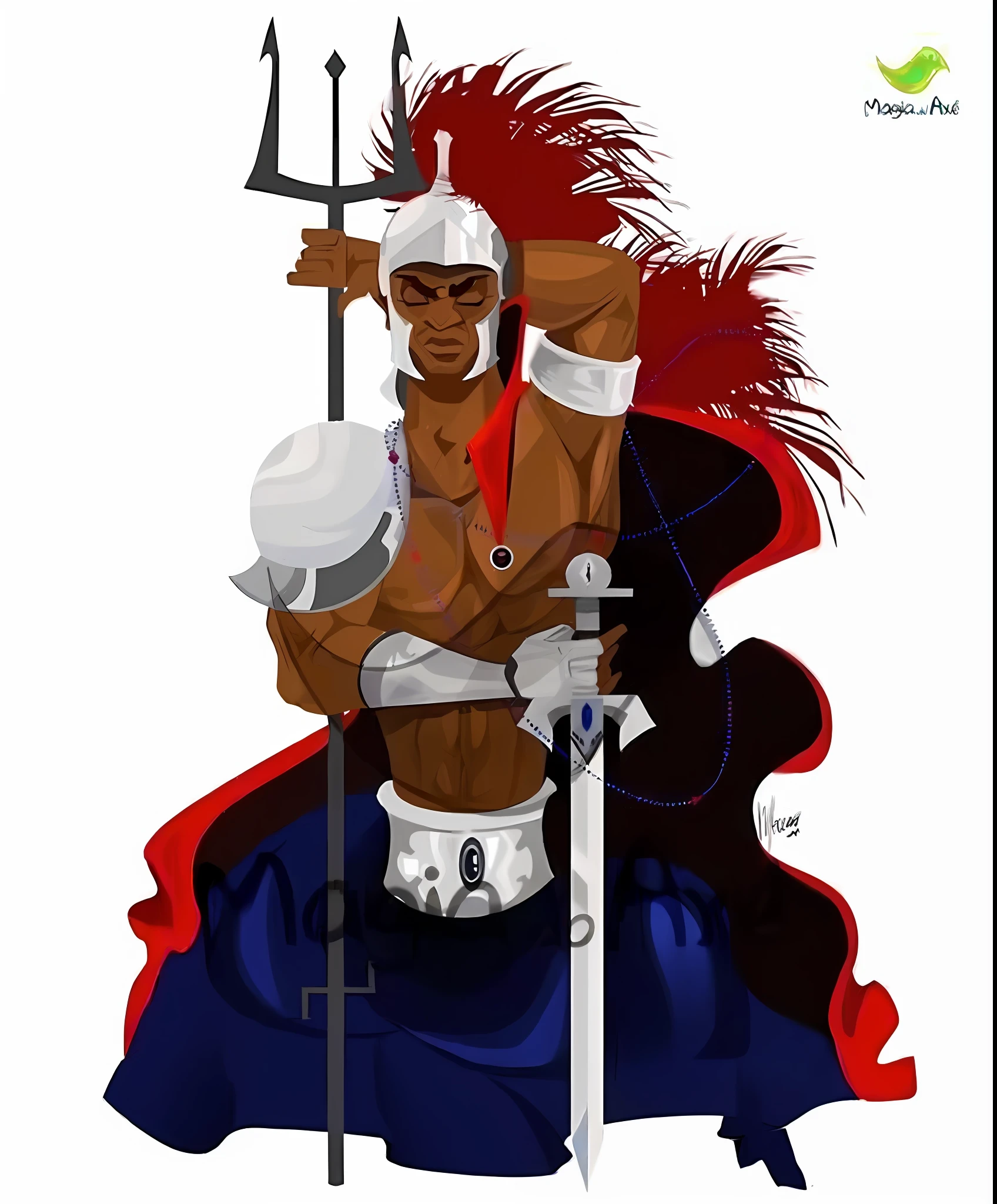 um desenho animado de um homem de armadura segurando uma espada e escudo, legendary god holding spear, guerreiro masculino, segurando seu tridente, imagem de um guerreiro masculino adulto, Mito grego pintura digital, anime afrofuturismo, Deus masculino bonito da morte, guerreiro segurando duas espadas, pele escura deusa feminina do amor, Mitologia africana, guerreiro poderoso, deus grego, guerreiro atlante