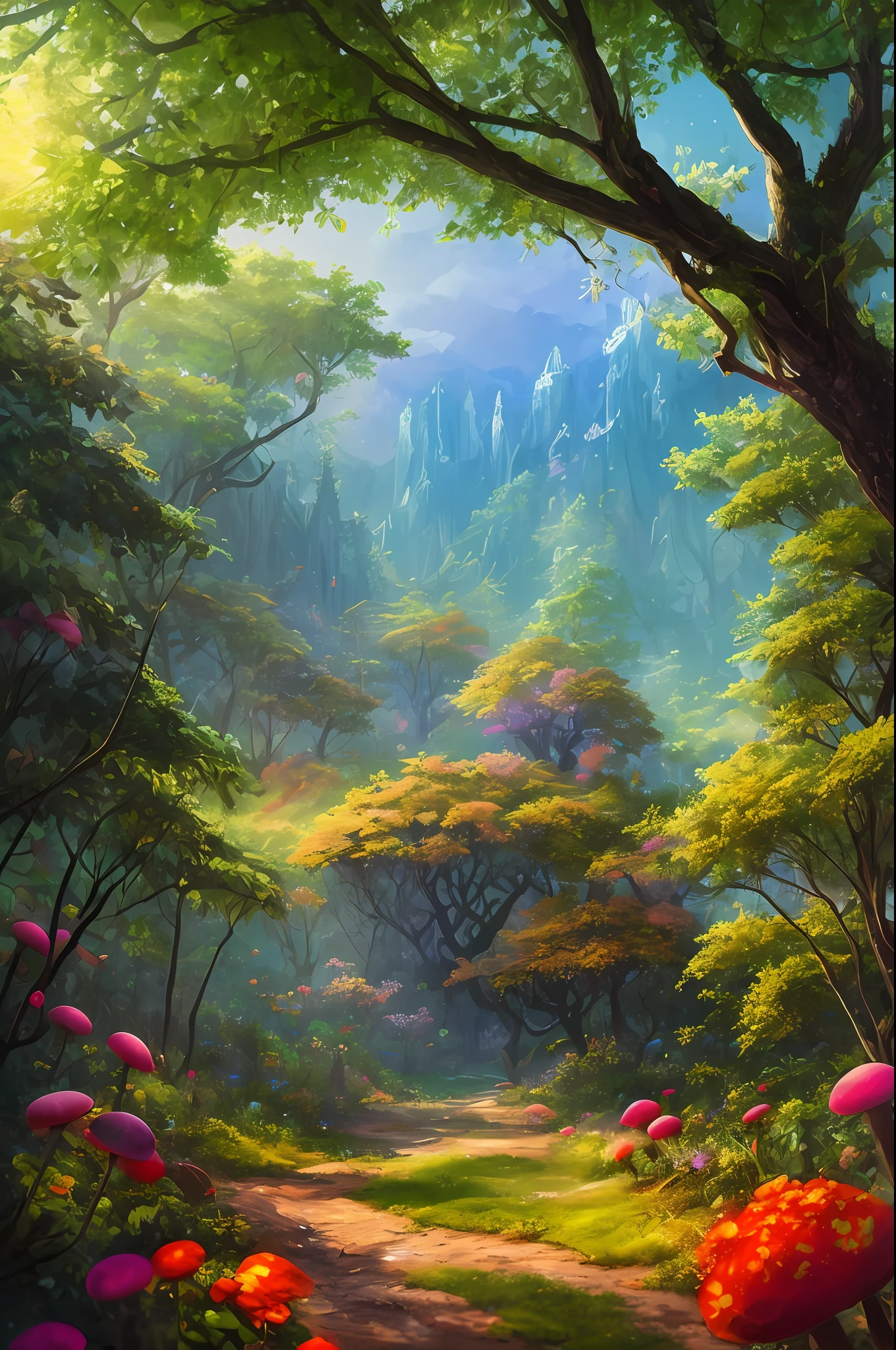 masterpiece, best quality, high quality,extremely detailed CG unity 8k wallpaper, An enchanting and dreamy scene of a fantasy forest, with towering trees, glowing mushrooms, and hidden fairy glens, creating a sense of mystique and enchantment, artstation, digital illustration, intricate, trending, pastel colors, oil paiting, award winning photography, Bokeh, Depth of Field, HDR, bloom, Chromatic Aberration ,Photorealistic,extremely detailed, trending on artstation, trending on CGsociety, Intricate, High Detail, dramatic, art by midjourney