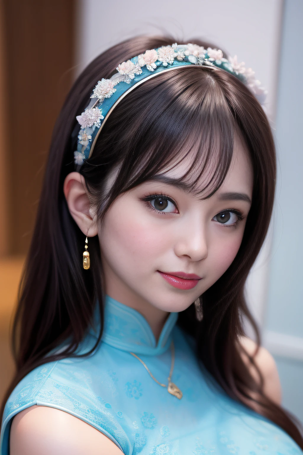 best, masutepiece, Hi-Res, 1girl in, (Sheer Silk Cheongsam), nffsw、Beauty face, hair adornments, big eye, A smile, a closed mouth,s lips, doress,hair adornments, a necklace, Pedras preciosas, long, 耳Nipple Ring, A smile、Full body、Standing posture、beauitful face,Inserting a into the_Body,Tindall Effect、Photorealsitic、Dark Studio、Rim lighting、Two-tone lighting、(High Detail Skin:1.2)、8K UHD、amarelo、cyan colors、Red、Black、Happiness、with light glowing、Happiness、Digital SLR、Soft lighting、hightquality、Volume Lighting、Frankness、a picture、hight resolution、4K、8K、Bokeh