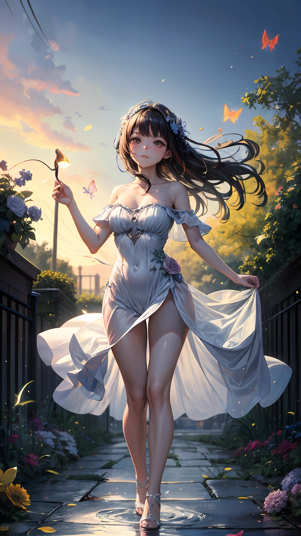 1girl, solo, full body, (masterpiece:1.21), (best quality:1.2), colorful, (illustration:1.2), (cinematic lighting:1.1), (bare shoulders:1.21), (collarbone:1.21) In this whimsical garden of fantasy, The scene is illuminated by a rainbow (colorful fireflies) dancing in the air. Soft (drizzle) adorns the garden, creating a hazy and ethereal atmosphere. In the center of the picture, there stands a single girl, an extremely delicate girl, with cute facial features and an innocent expression. Her long hair fluttered in the wind. She wears an ultra-low-cut strapless dress that accentuates her curves. The lighting is very delicate and beautiful, creating a soft and warm glow that highlights the surface of the water and makes it sparkle like a diamond. The best grass is also illuminated, creating a lush carpet. The garden is surrounded by colorful fields of flowers of all colors and shapes. You can see (colored butterflies) of various colors and sizes flying in the scene, adding to the overall sense of wonder and magic. (Officers), a flush can be seen on the bridge of the nose, and the mouth is slightly open, which adds to the overall sense of innocence and youth. Falling petals can be seen floating around her, adding to the overall romance and beauty. The gentle breeze, rustling leaves and swaying flowers add to the overall dynamism and vitality. It is a scene of pure wonder and magic, full of color and beauty, and viewers can lose themselves in this fascinating and fascinating world.