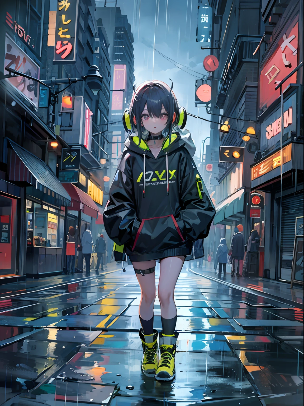 masterpiece, girl alone, solo, incredibly absurd, hoodie, headphones, street, outdoor, rain, neon,