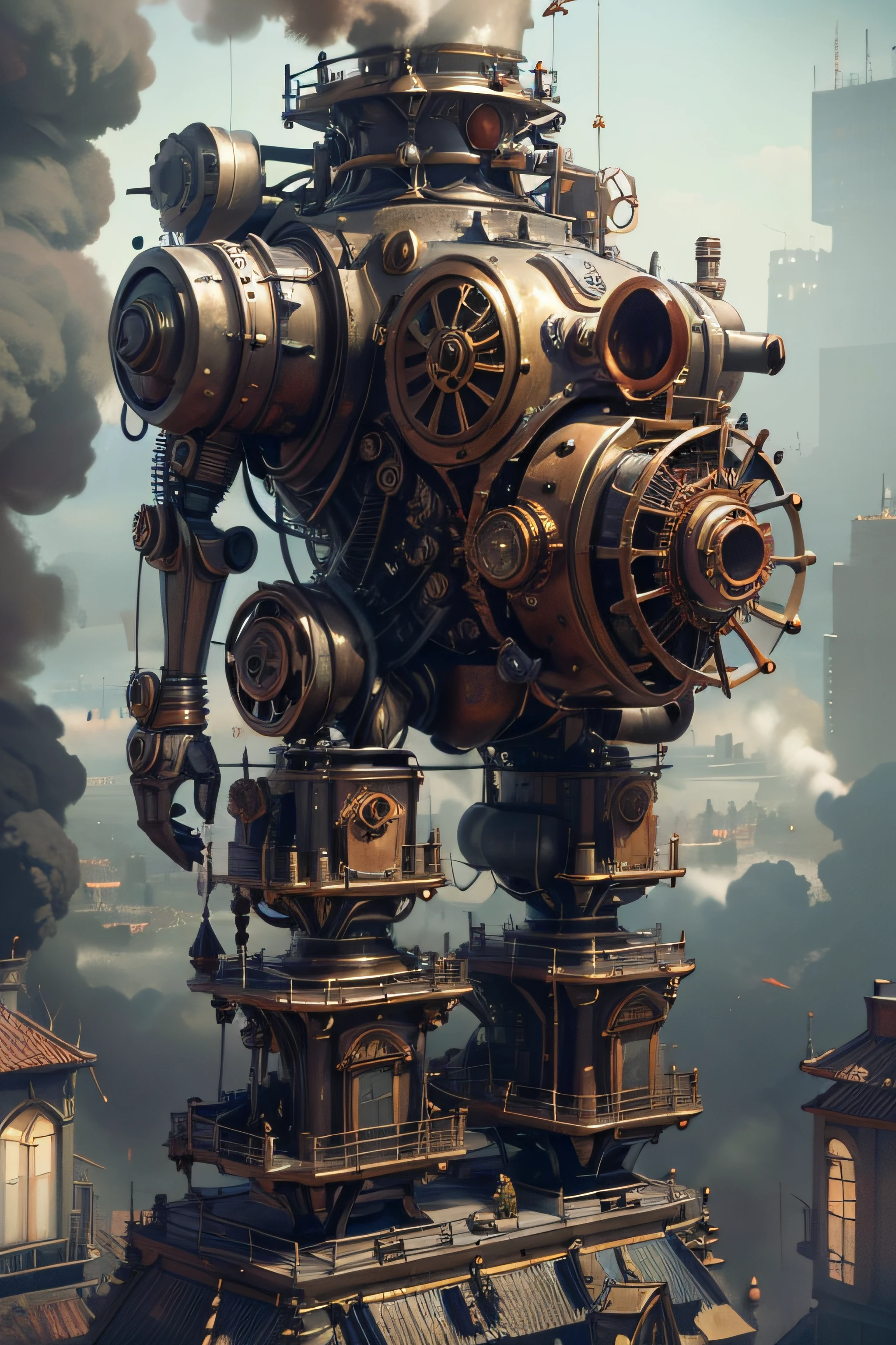 robo mulher, master part,melhor qualidade,fotorrealista,melhor sombra,delicado,...RAW,ultra high-resolution,Arte hiper-realista,gallery-grade work,Arte Oficial,wallpaper forced,64 mil,,ultra precise,visualmente impressionante,Obra-prima sublime,peak clarity,1 enorme cidade Steampunk,High-rise buildings covered by behemoth-like mechanical devices,show a scene of sharp contrast,Uma camada de nuvens subindo desordenadamente sobre a cidade,Huge steampunk buildings,The surface is covered with complex gears and mechanical devices,(eyesight,full view,corpo inteiro:1.2),(Nas paredes da cidade Steampunk,1 soldiers in strong mechanical armor.,Handheld Steam Gun,Guard the safety of the city:1.2), Steampunk,dirigible, Steam robot,