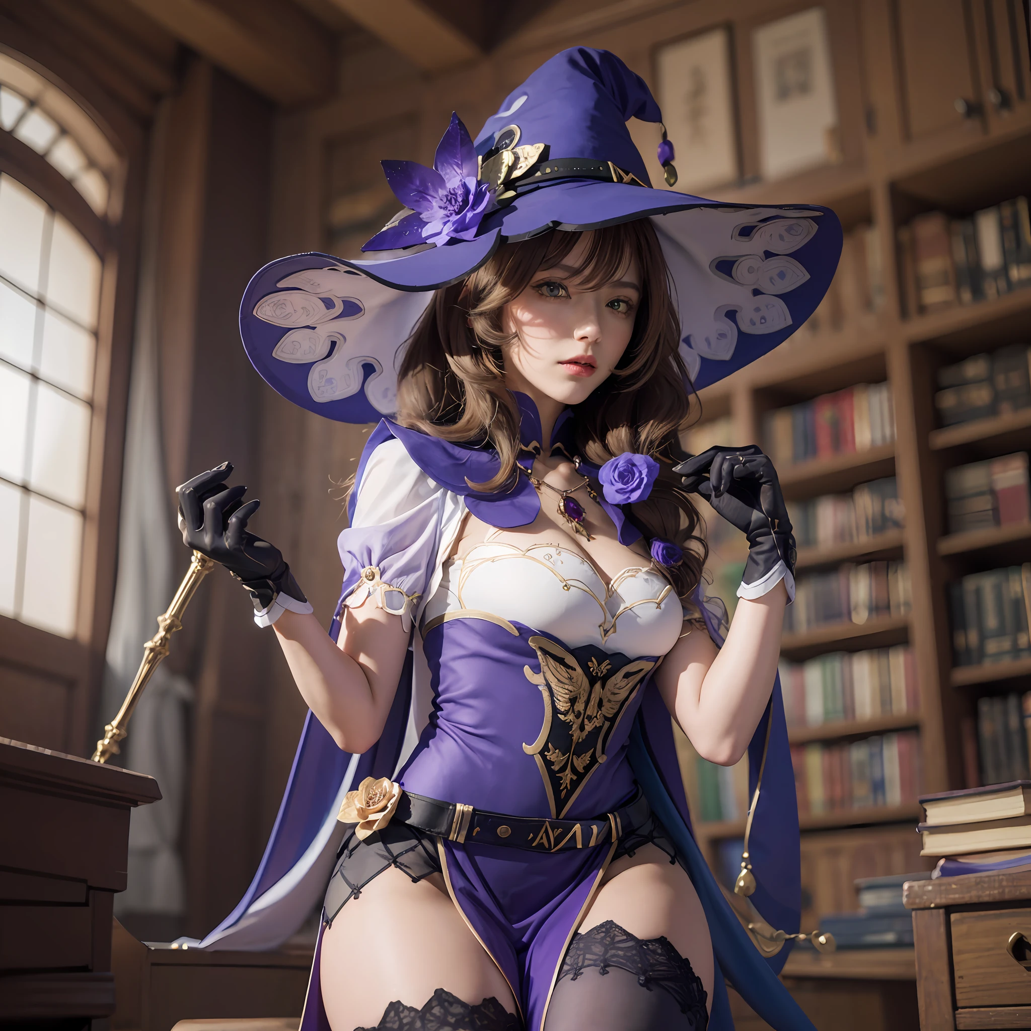 lisadef, 1girl, gloves, witch hat, brown hair, hat flower, green eyes, vision (genshin impact), thighhighs, flower, cleavage, black thighhighs, rose, large breasts, purple rose, multicolored dress, pelvic curtain, jewelry, purple dress, long hair, capelet, multicolored clothes, purple capelet, on a library, full of books, (masterpiece:1.2) (ultra detailed), (8k, intricate), (85mm), (highly detailed:1.2), (detailed face:1,5), (gradients), sfw, colorful, (detailed eyes:1.5),