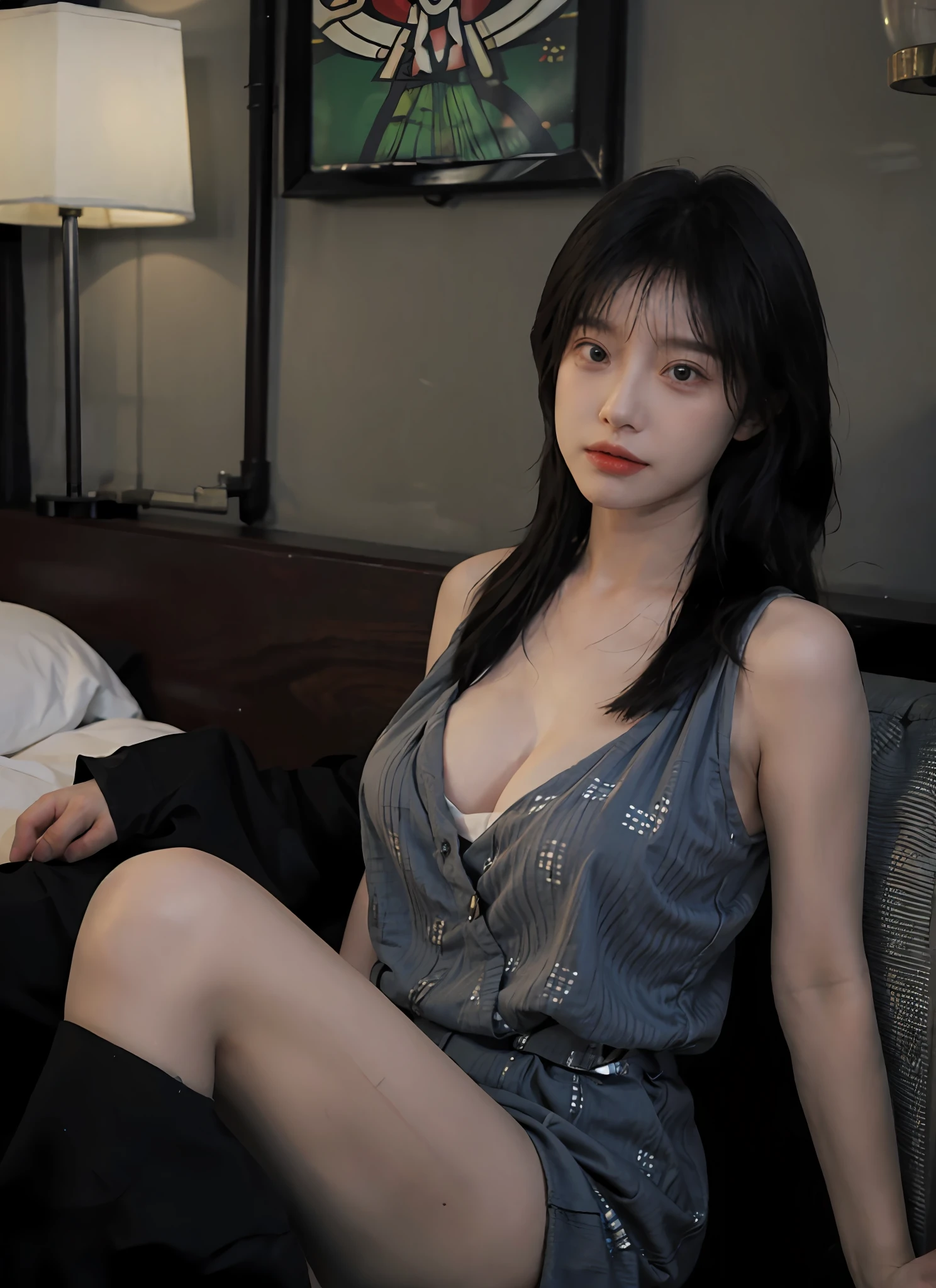 best qualtiy，tmasterpiece，超高分辨率，（realisticlying：1.4），1girll，Raised sexy，A ball head，（Showing clothes：1.5），（brassier：1.4），（big cleavage breasts：1.2），（full bodyesbian：1.4），Long legs，blacksilk，The color of the clothes is random