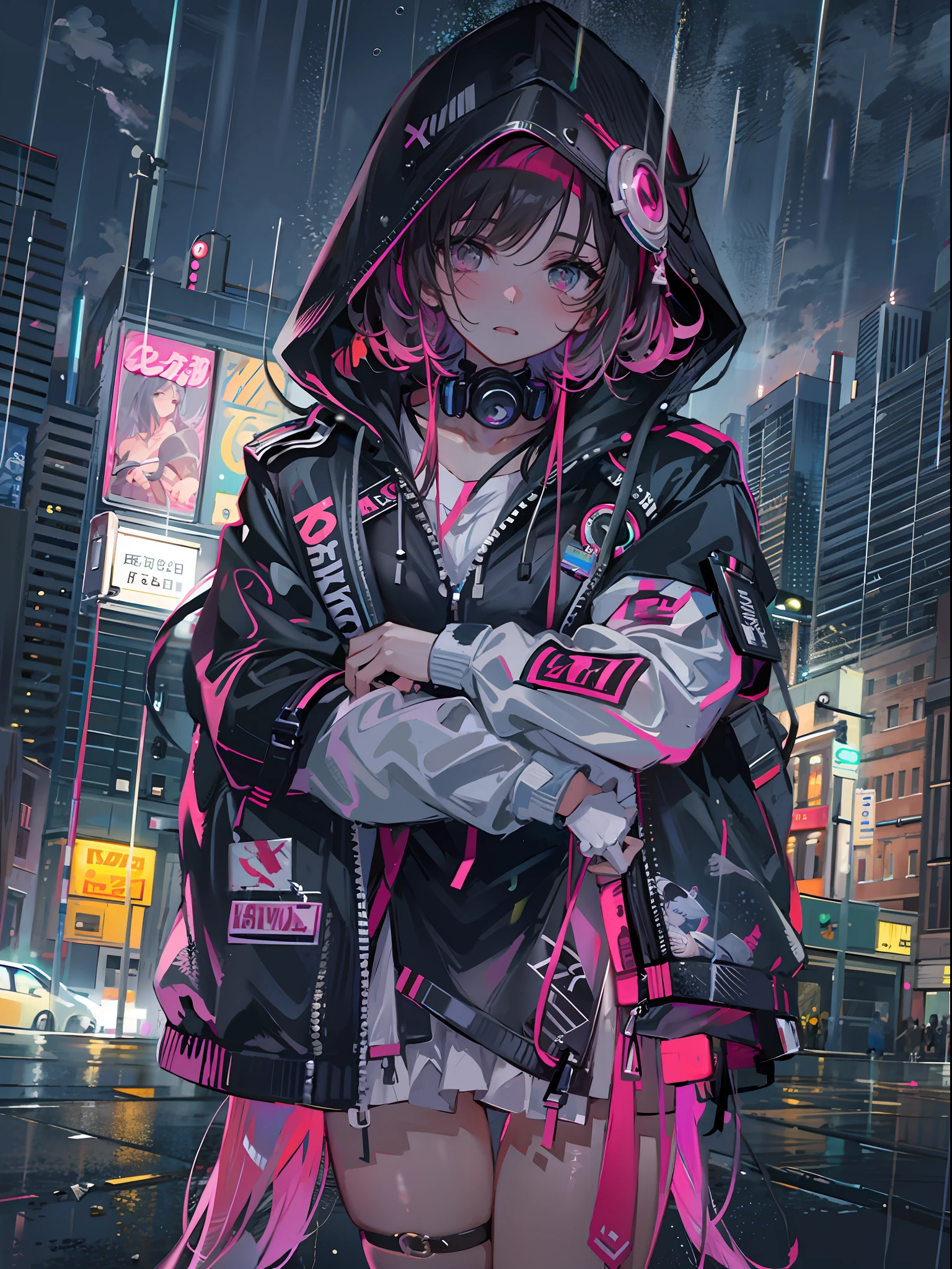 masterpiece, girl alone, solo, incredibly absurd, hoodie, headphones, street, outdoor, rain, neon,