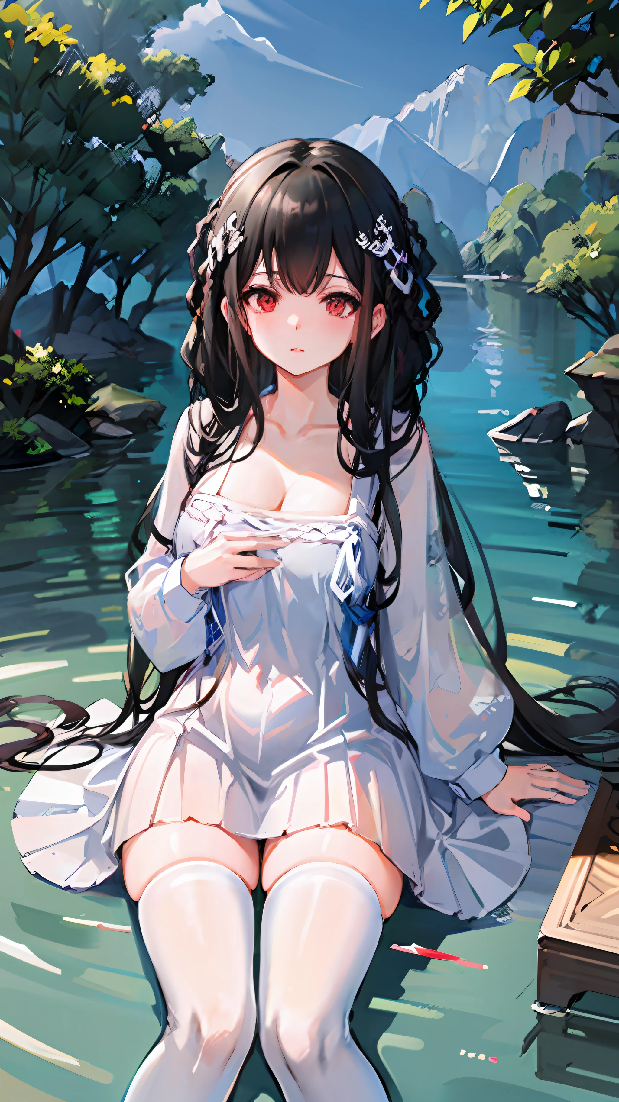 Masterpiece,1girll,Solo,Black hair,White dress,cleavage, white thighhighs, Lake,Wet