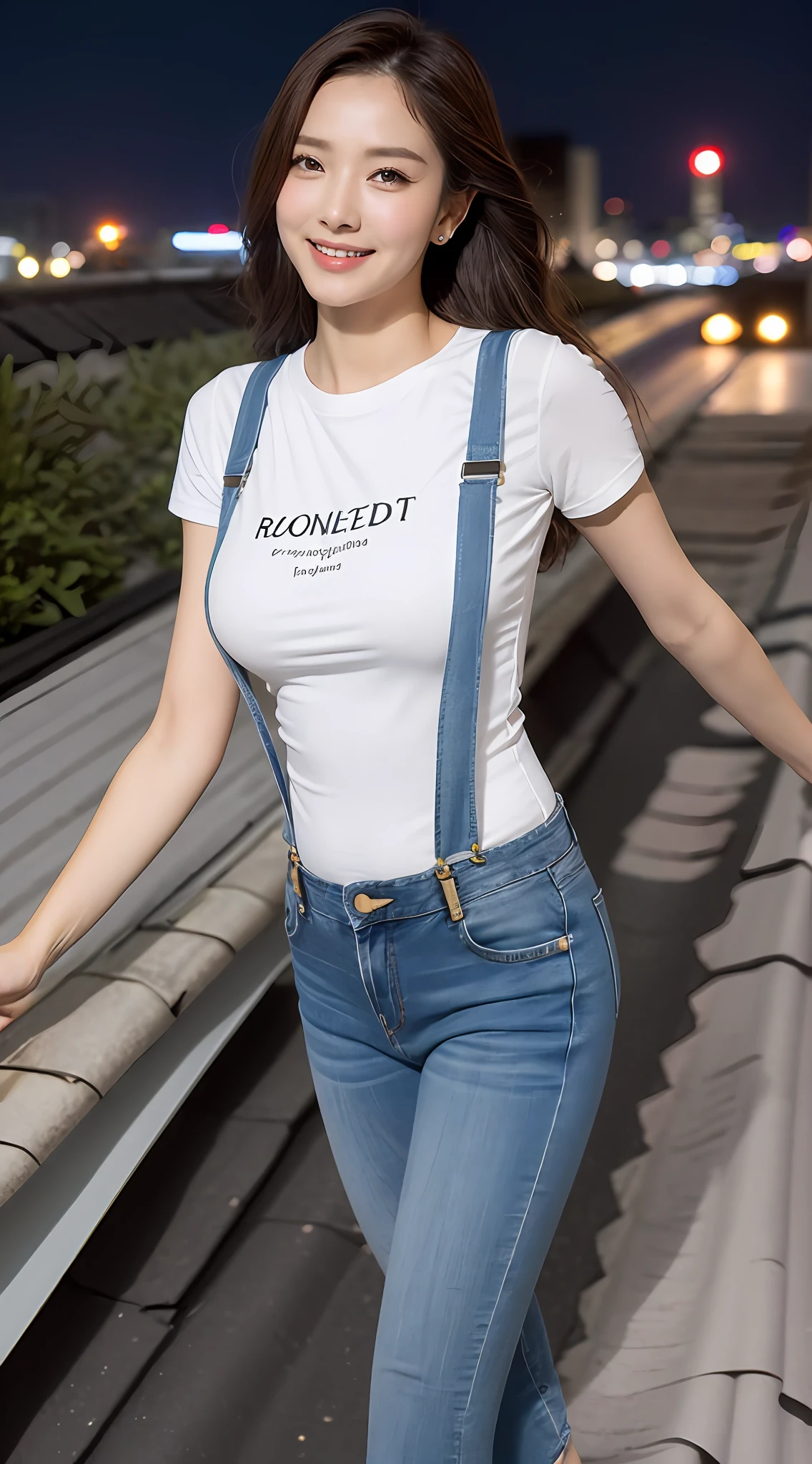 ((midynight, Need, 8k, tmasterpiece:1.3)), full bodyesbian, Long legs, Focalors:1.2, perfect figure beautiful woman:1.4, Slim abs:1.1, ((Dark brown hair, huge tit:1.2 )), (white tight t-shirt, Denim suspenders, standing on your feet:1.2), ((city night scene, the roof:1.3)), Highly detailed facial and skin texture, A detailed eye, 二重まぶた,Smile type