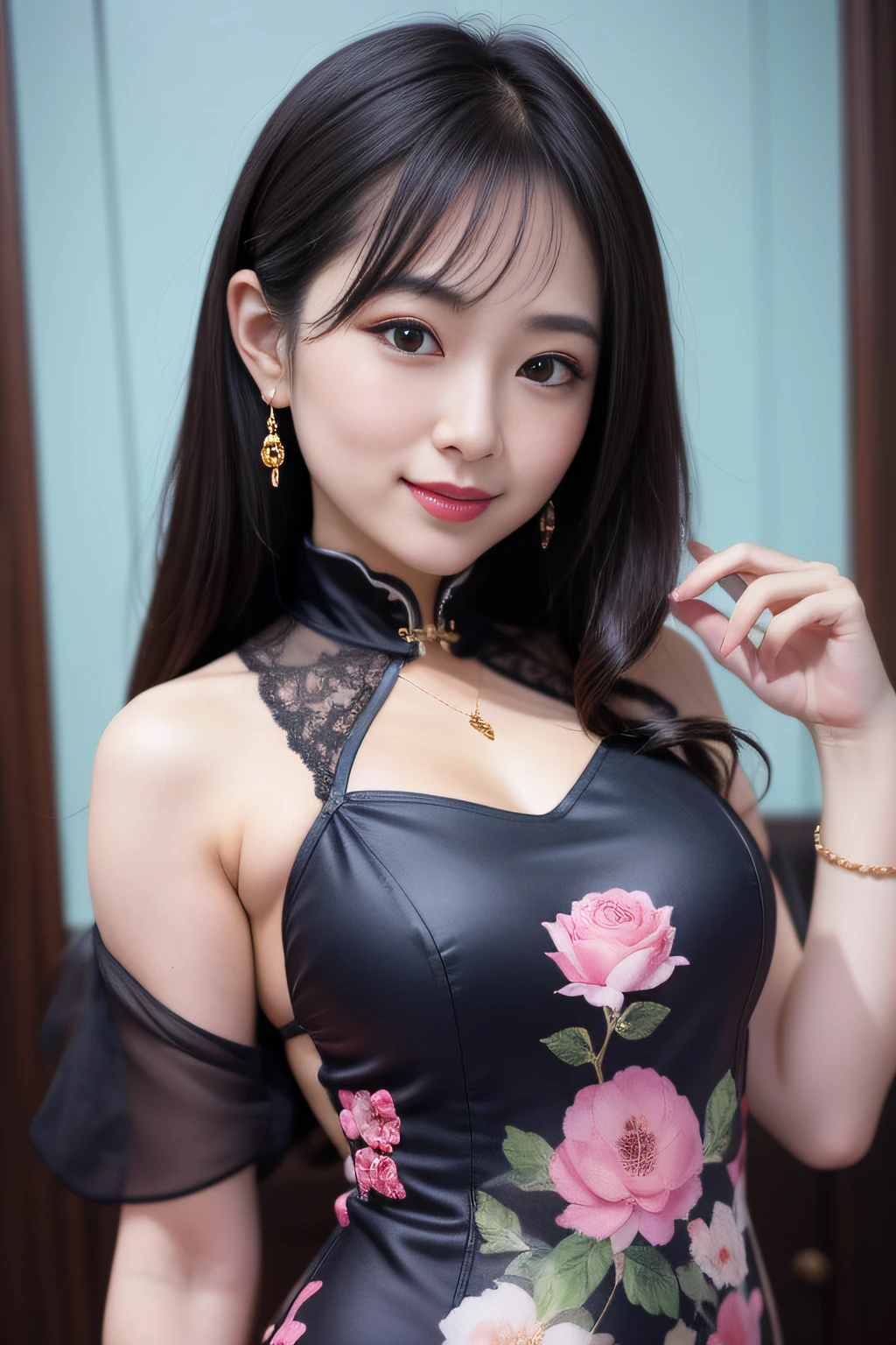 best、 masuter piece、Hi-Res、1girl in、(Sheer Silk Cheongsam)、 (nsdw)、nffsw、Beauty face、 hair adornments、big eye、 A smile、 a closed mouth、s lips、 Decorative Dresses、hair adornments、a necklace、Pedras preciosas、 cabelos preto e longos、耳Nipple Ring、A smile、Full body、Standing posture、beauitful face,Inserting a into the_Body,Tindall Effect、Photorealsitic、Dark Studio、Rim lighting、Two-tone lighting、(High Detail Skin:1.2)、8K UHD、amarelo、cyan colors、Red、Black、Happiness、with light glowing、Happiness、Digital SLR、Soft lighting、hightquality、Volume Lighting、Frankness、a picture、hight resolution、4K、8K、Bokeh