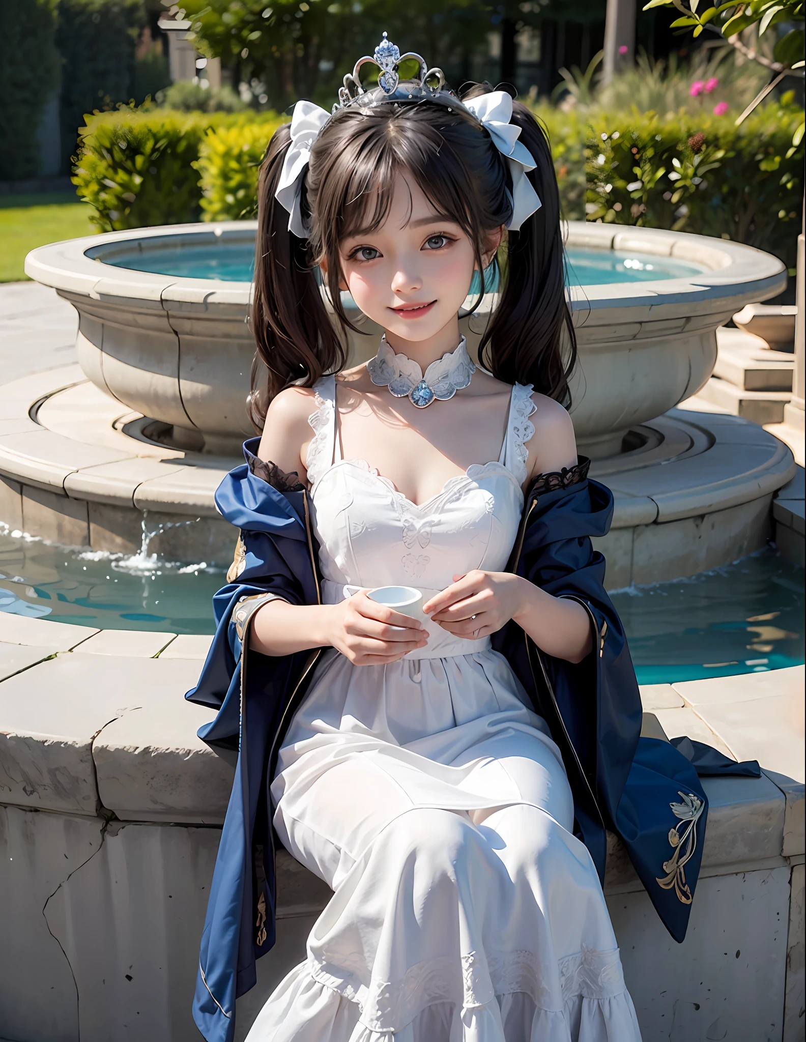 Marble garden,1Blittle girl,twintails,brunette color hair,By bangs,Long white embroidered dress,Blue bow,9--old ale model,Princess,crown,Smile,