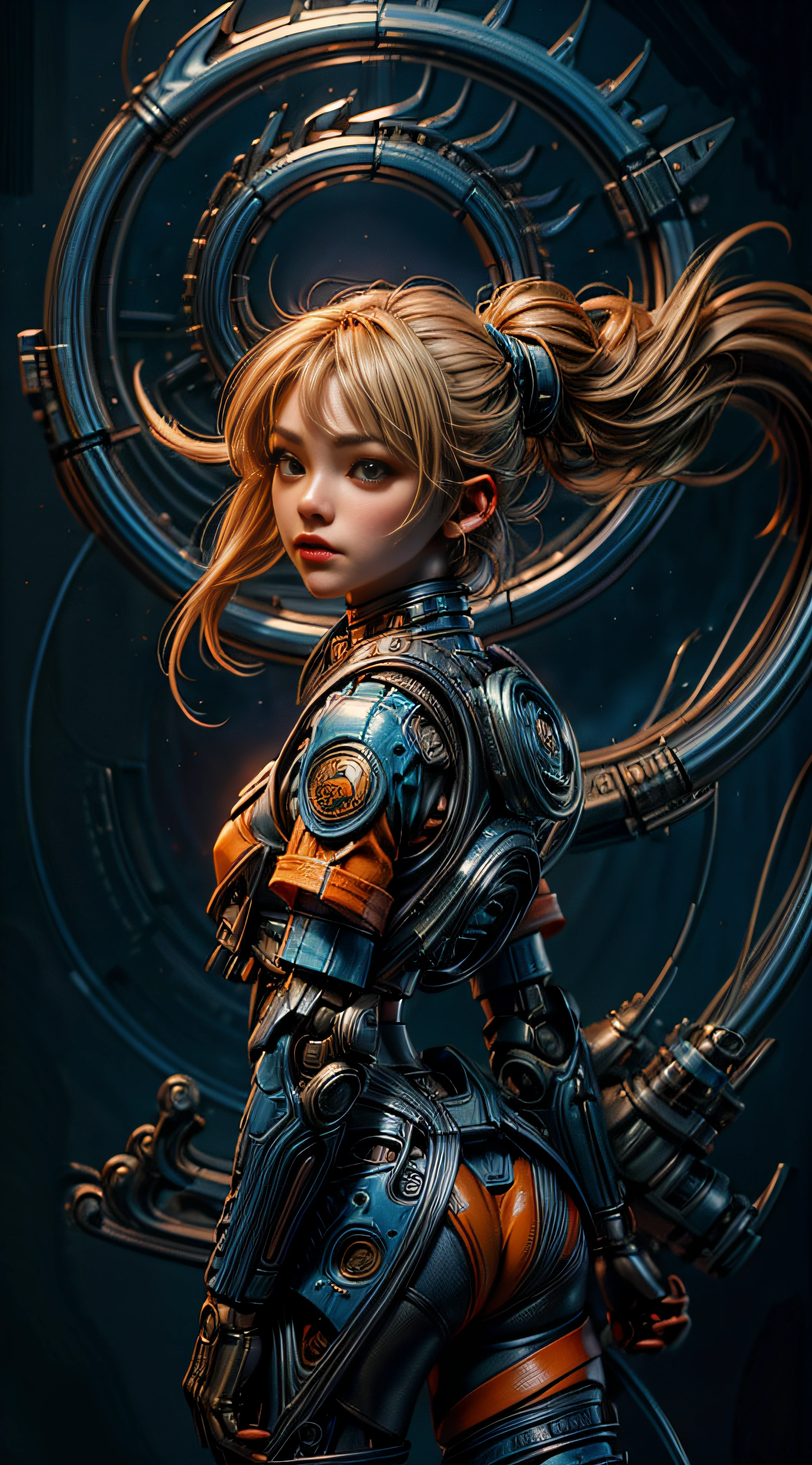 1monk warrior girl with blue orange techwear clothes, Short blonde hair, shoelace, Vintage Scifi Background Abstract, Art by Moebius, Art by Ashley Wood