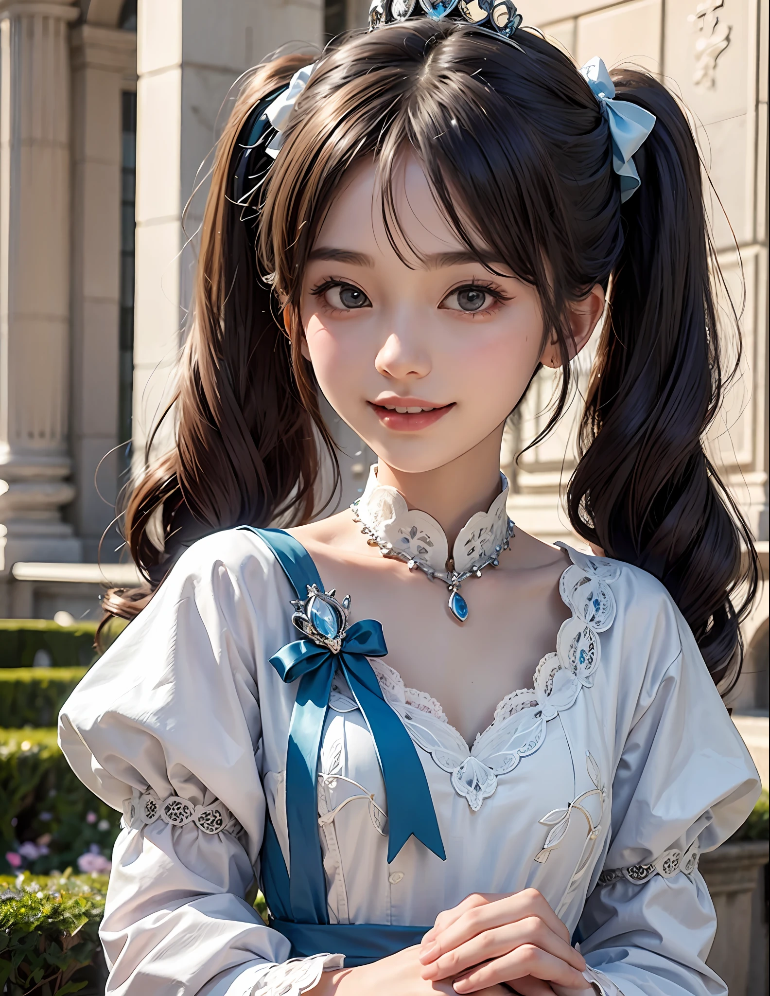Marble garden,1Blittle girl,twintails,brunette color hair,By bangs,Long white embroidered dress,Blue bow,9-year-old female model,Princess,crown,Smile,
