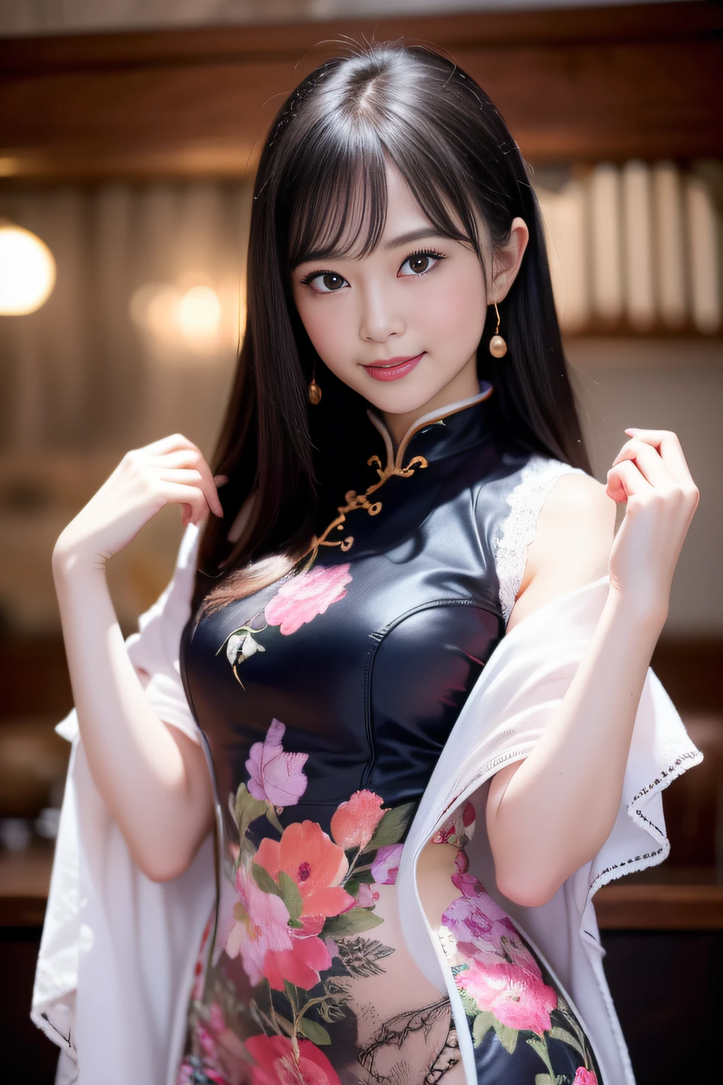 best、 masuter piece、Hi-Res、1girl in、(Sheer Silk Cheongsam)、 (nsdw)、nffsw、Beauty face、 hair adornments、big eye、 A smile、 a closed mouth、s lips、 Decorative Dresses、hair adornments、a necklace、Pedras preciosas、 cabelos preto e longos、耳Nipple Ring、A smile、Full body、Standing posture、beauitful face,Inserting a into the_Body,Tindall Effect、Photorealsitic、Dark Studio、Rim lighting、Two-tone lighting、(High Detail Skin:1.2)、8K UHD、amarelo、cyan colors、Red、Black、Happiness、with light glowing、Happiness、Digital SLR、Soft lighting、hightquality、Volume Lighting、Frankness、a picture、hight resolution、4K、8K、Bokeh