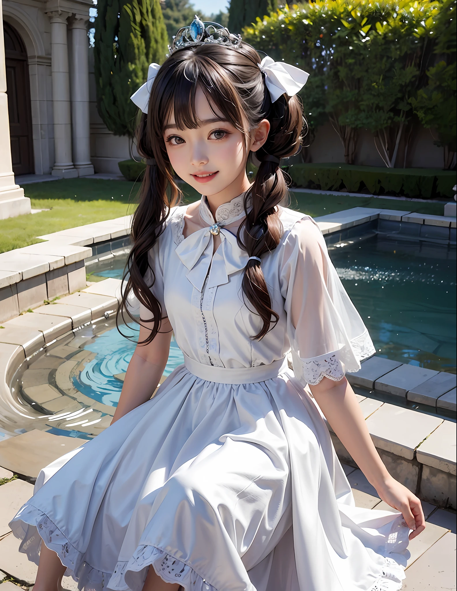 Marble garden,1Blittle girl,twintails,brunette color hair,By bangs,Long white embroidered dress,Blue bow,9-year-old female model,Princess,crown,Smile,