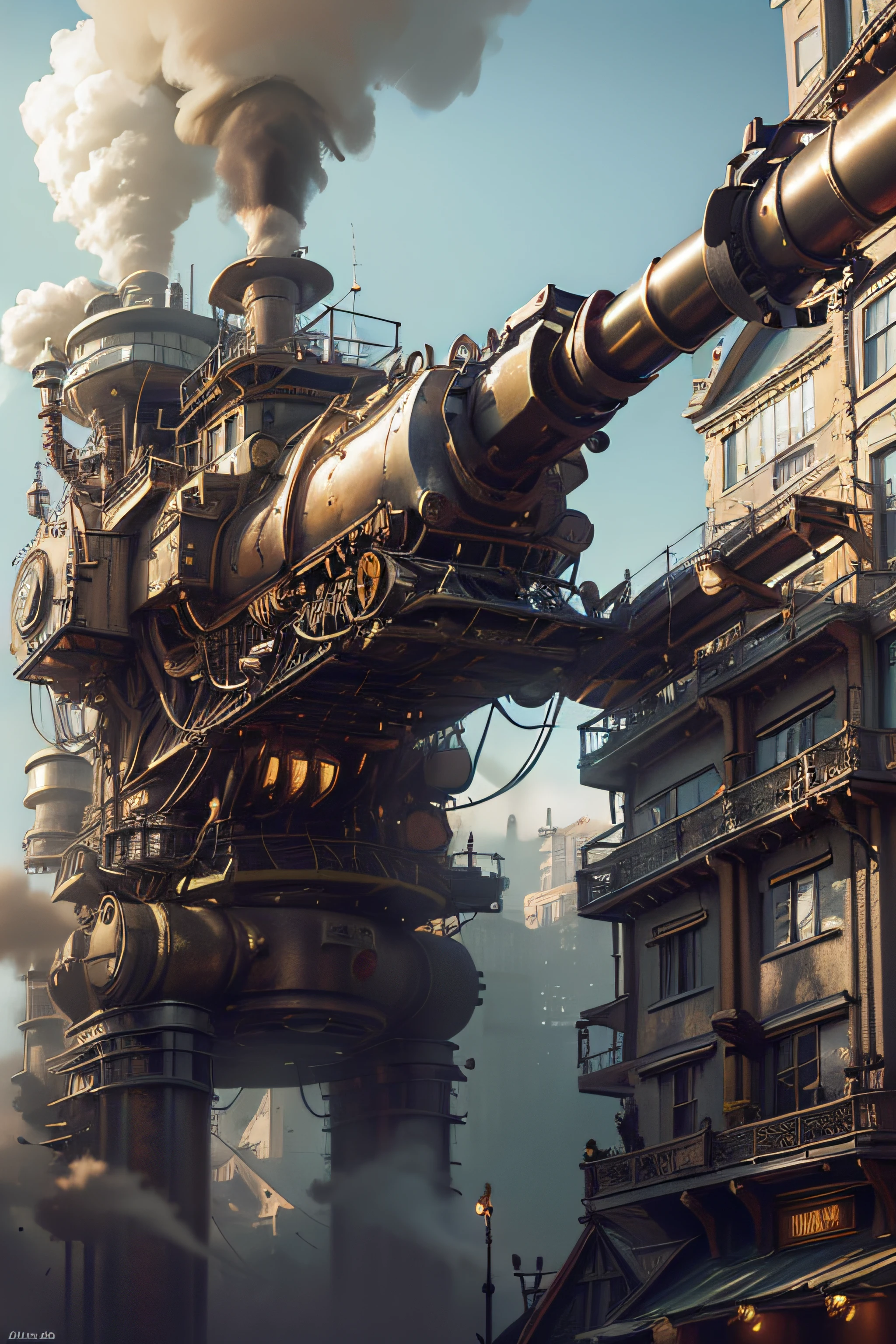 master part,melhor qualidade,fotorrealista,melhor sombra,delicado,..RAW,ultra high-resolution,Arte hiper-realista,gallery-grade work,Arte Oficial,wallpaper forced,64 mil,,ultra precise,visualmente impressionante,Obra-prima sublime,peak clarity,1 enorme cidade Steampunk,High-rise buildings covered by behemoth-like mechanical devices,show a scene of sharp contrast,Uma camada de nuvens subindo desordenadamente sobre a cidade,Huge steampunk buildings,The surface is covered with complex gears and mechanical devices,(eyesight,full view,corpo inteiro:1.2),(Nas paredes da cidade Steampunk,1 soldiers in strong mechanical armor.,Handheld Steam Gun,Guard the safety of the city:1.2),Steampunk,dirigible,Steam robot,