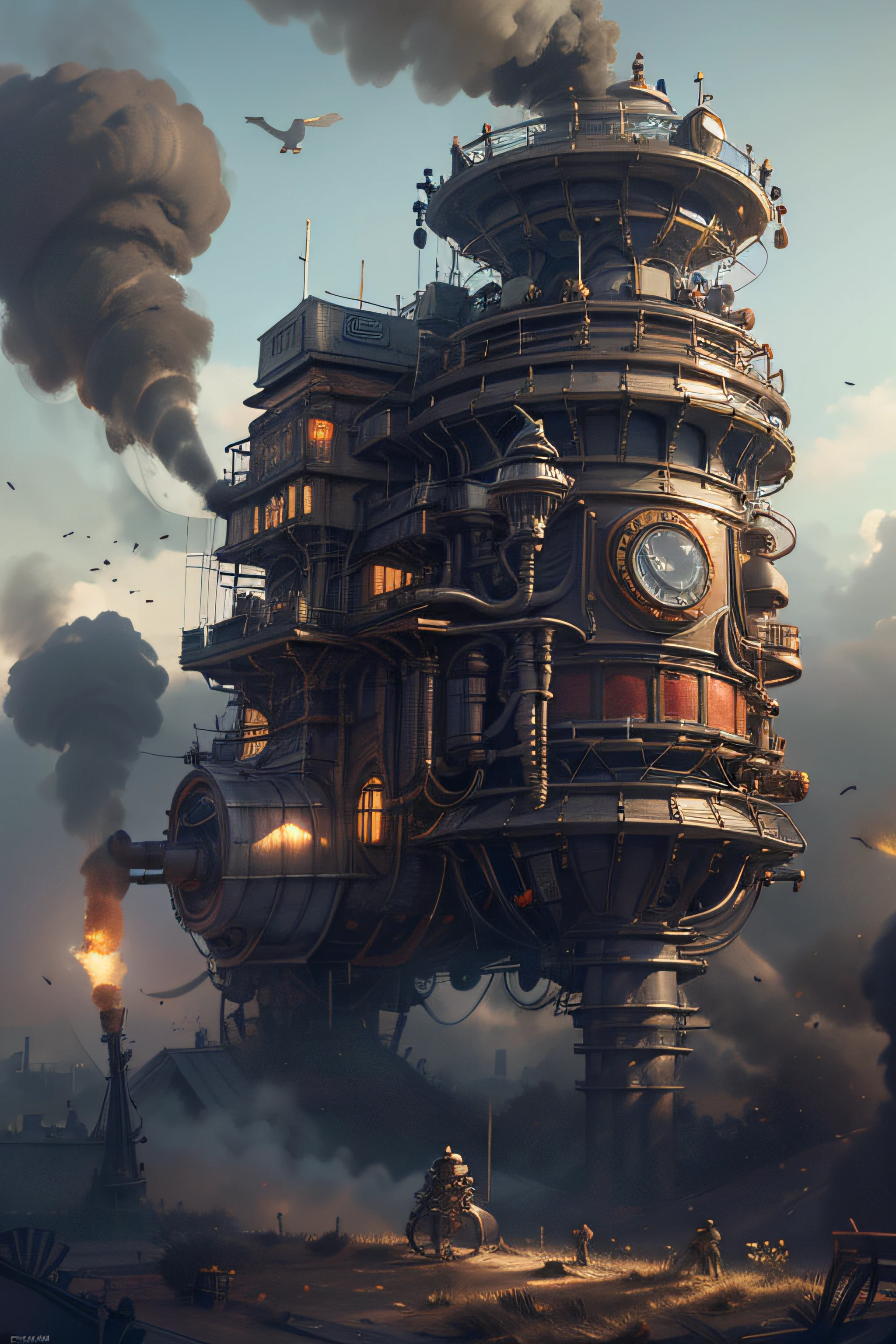 master part,melhor qualidade,fotorrealista,melhor sombra,delicado,..RAW,ultra high-resolution,Arte hiper-realista,gallery-grade work,Arte Oficial,wallpaper forced,64 mil,,ultra precise,visualmente impressionante,Obra-prima sublime,peak clarity,1 enorme cidade Steampunk,High-rise buildings covered by behemoth-like mechanical devices,show a scene of sharp contrast,Uma camada de nuvens subindo desordenadamente sobre a cidade,Huge steampunk buildings,The surface is covered with complex gears and mechanical devices,(eyesight,full view,corpo inteiro:1.2),(Nas paredes da cidade Steampunk,1 soldiers in strong mechanical armor.,Handheld Steam Gun,Guard the safety of the city:1.2),Steampunk,dirigible,Steam robot,