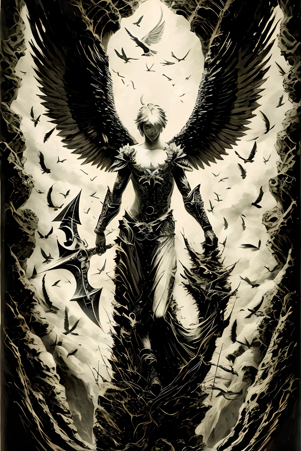 um close up de um desenho de uma pessoa com asas, O Anjo da Morte, anjo da morte, anjo escuro, arcanjo, Anjo com asas pretas, Retrato do Anjo da Morte, Retrato do Anjo da Morte, dramatic artwork, humano alado, Serafim, Amazing, para compreender o inferno ou voar angelical, Anjo no inferno, Symmetrical Epic Fantasy Art