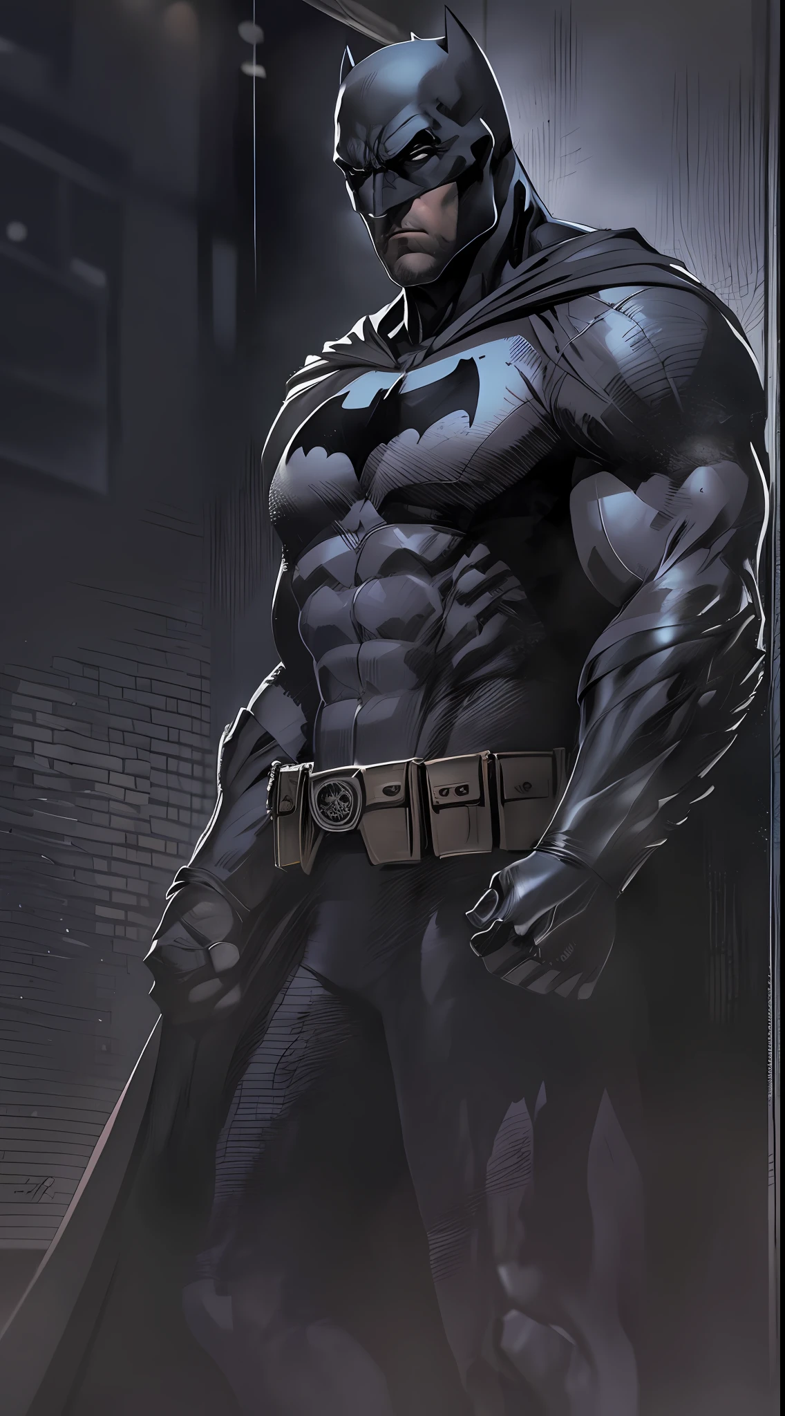 1 man, solo, Ben Affleck as Batman, tall, hunk, muscular, bulk, wide shoulder, photorealism, dark dirty grey suit, dark grey arms, ((no mask)), mask off, black hair, black gloves, best quality, masterpiece, high resolution:1.2, black cape, high detailed mask, high detailed suit, high detailed face, award winning, night time, a dark cave in the background, indoors