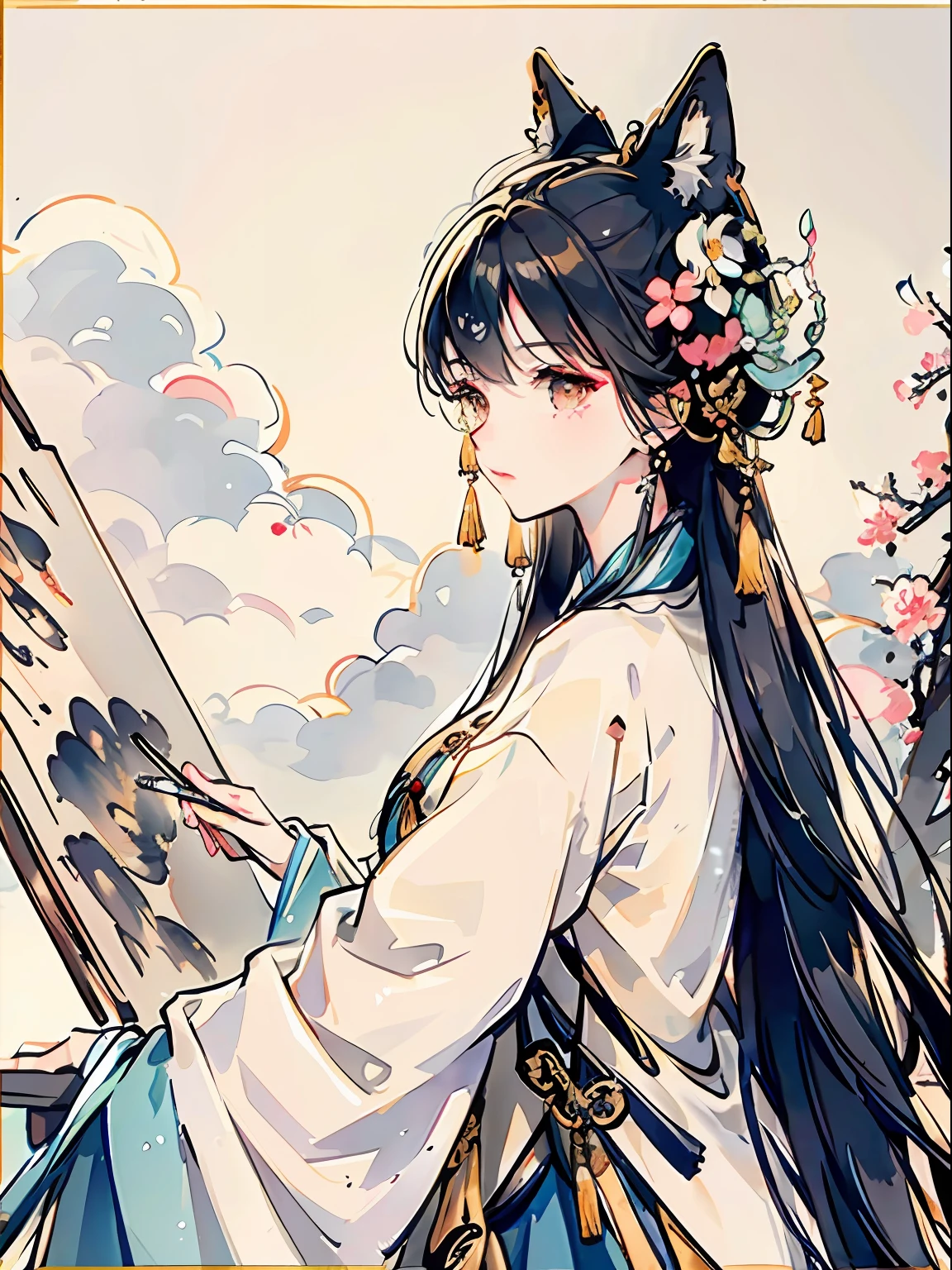 ((4K,Masterpiece,Best quality)), shuimobysim, （（（Traditional Chinese painting）））, caligraphy，Hanfu, maxikit, Dress conservative 1 woman, Beautiful and moving，独奏, whaite hair, long whitr hair, fox ear, white colors,  white crane, peach blossom，faeries，Cloud fog，rays of moonlight，loft，High hills，