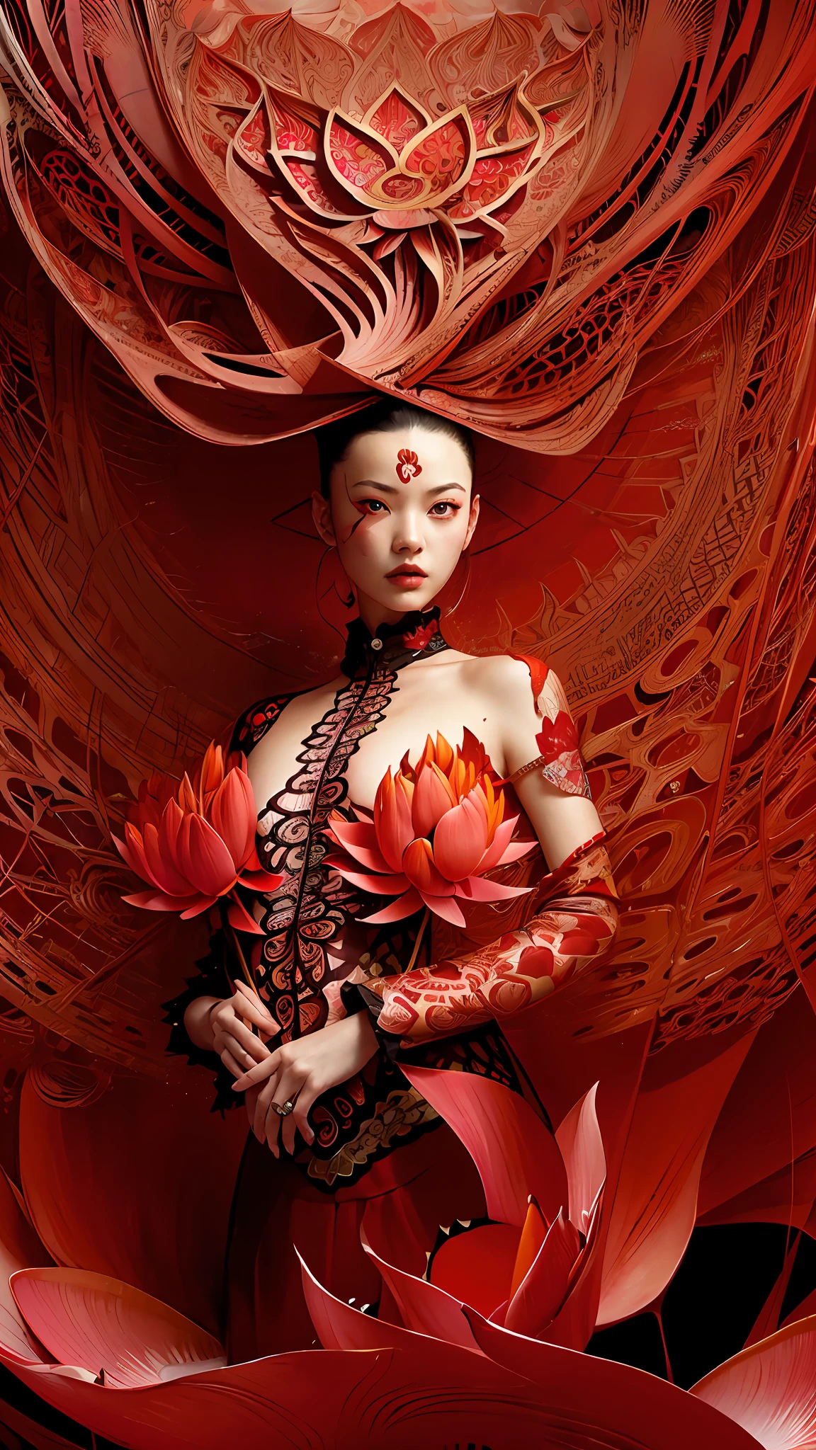 (((thousand red lotus)))+official art, unity 8k wallpaper, ultra detailed, beautiful and aesthetic, masterpiece, best quality, (zentangle, mandala, tangle, entangle), (fractal art:1.3) , 1girl, red flowers, extremely detailed, dynamic angle, cowboyshot, the most beautiful form of chaos, elegant, a brutalist designed, vivid colours, romanticism, by james jean, roby dwi antono, ross tran, francis bacon, michal mraz, adrian ghenie, petra cortright, gerhard richter, takato yamamoto, ashley wood, atmospheric