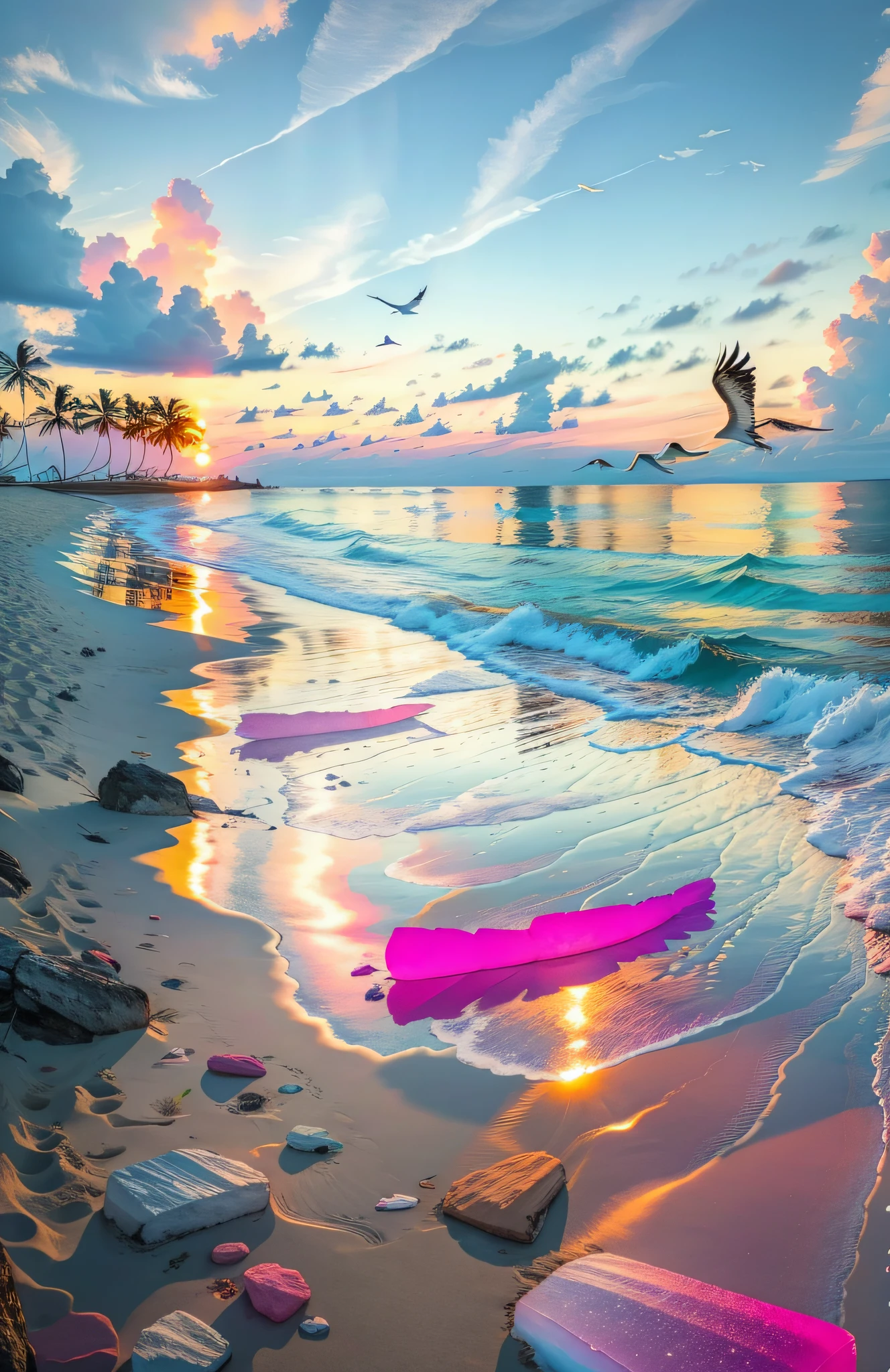 The beach is covered with colorful transparent smooth stones: 1.5, an absolutely mesmerizing sunset on the beach with a mix of orange, pink and yellow in the sky. The water is crystal clear, gently kissing the shore, and the white sand beach stretches as far as the eye can see. The scene is dynamic and breathtaking, with seagulls soaring high in the sky and palm trees gently swaying. Soak up the calming atmosphere and let tranquility envelop you.