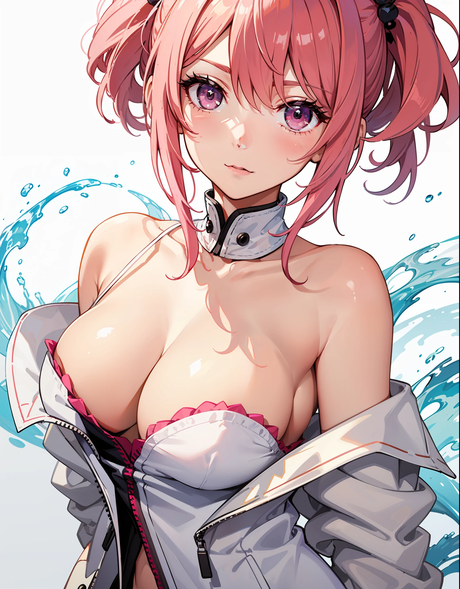 upperbody closeup,sportrait,little breast,Fashionab,Handsome,beijing, woman,cleavage,A pink-haired,Off-the-shoulder attire,white straitjacket,ponds,Lunette de soleil