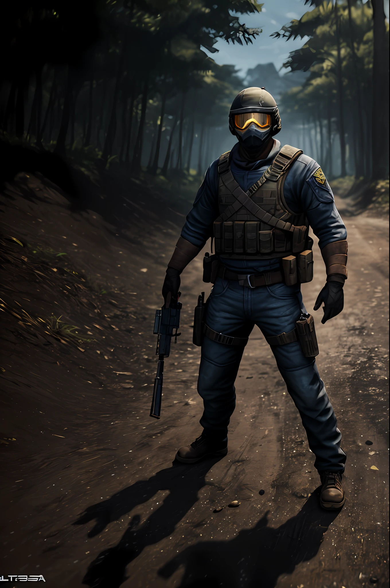 (master part, melhor qualidade) circunstanciado ((hiper realista 1.5)) 1contra-terrorista, solo, do jogo CS GO, contra um fundo de brilho roxo, alto detalhe, realismo