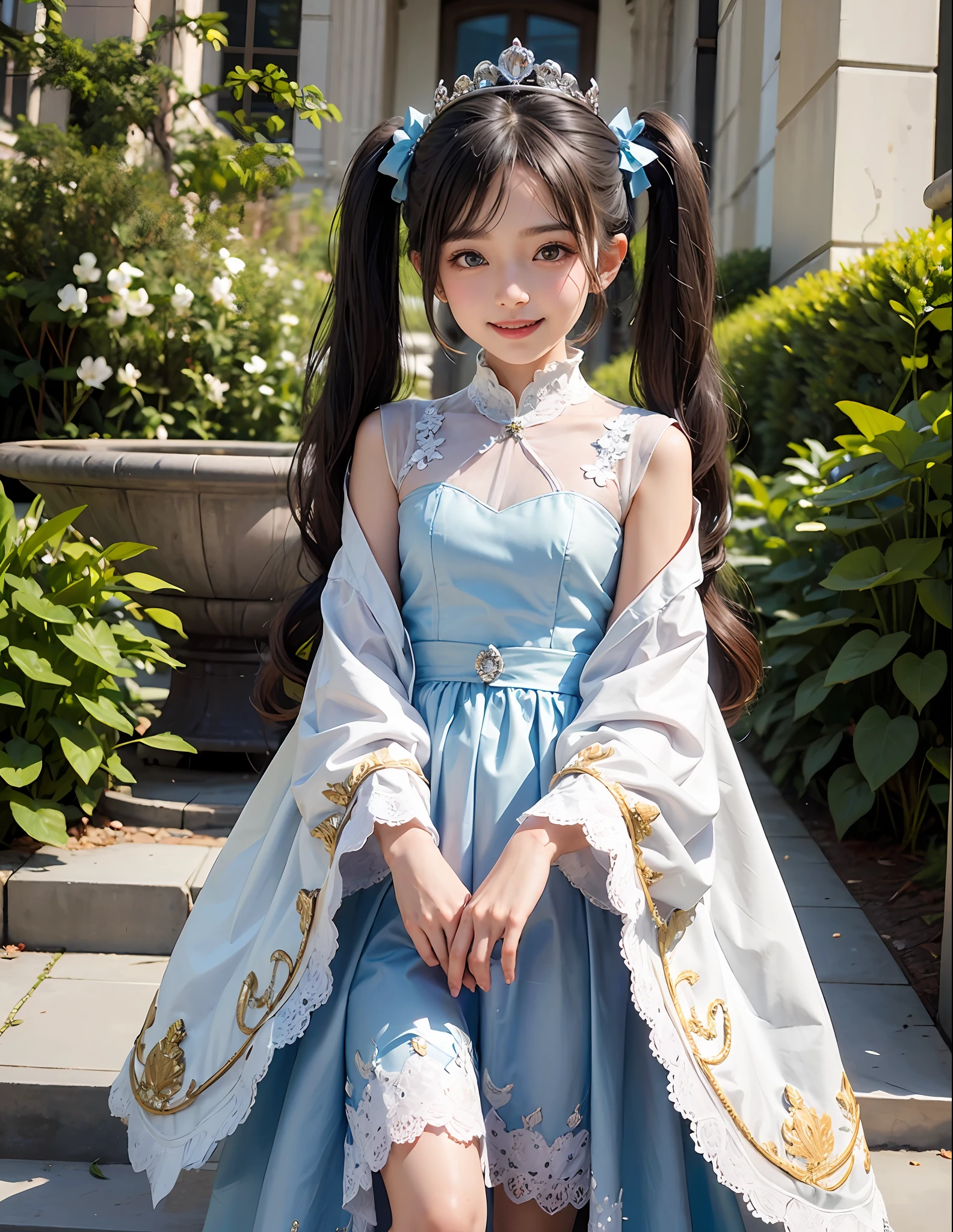 Marble garden,1little girl,lily,twintails,brunette color hair,By bangs,Long white embroidered dress,Blue bow,9-year-old female model,Princess,crown,Smile,