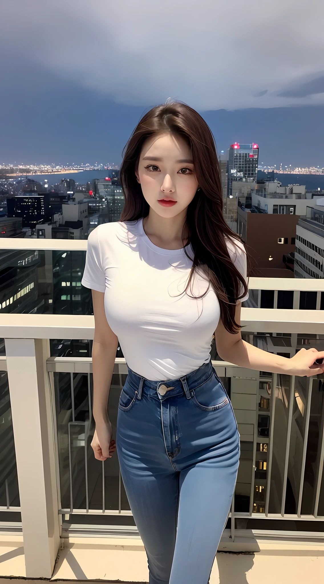 ((Midnight, Best quality, 8k, Masterpiece :1.3)), Whole body, Long legs, Sharp focus :1.2, A pretty woman with perfect figure :1.4, Slender abs :1.1, ((Dark brown hair, Big breasts :1.2)), (White tight tshirt, Jean bib, Standing:1.2), ((Night city view, Rooftop:1.3)), Highly detailed face and skin texture, Detailed eyes, Double eyelid
