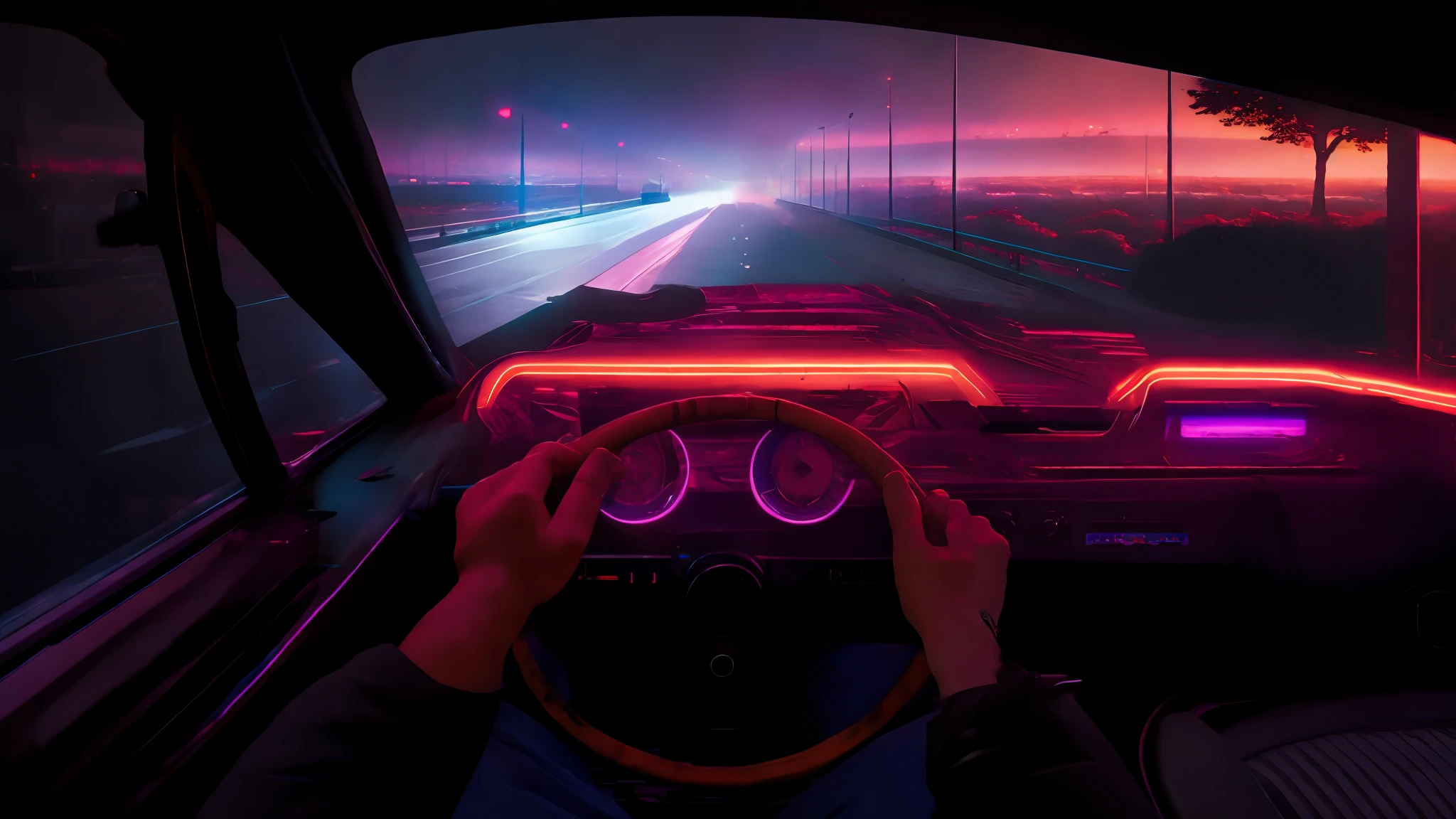 Someone is driving a car on a highway with a neon light, atmosfera retrowave, Epic retrowave art, retrowave vibes, Neon Road, art deco outrun anime aesthestic, synthwave aesthetic, synthwave neon retrofuturism, estilo de arte synthwave, Beeple e Tim Hildebrandt, arte synthwave, imagem synthwave, Retrowave Epic Art