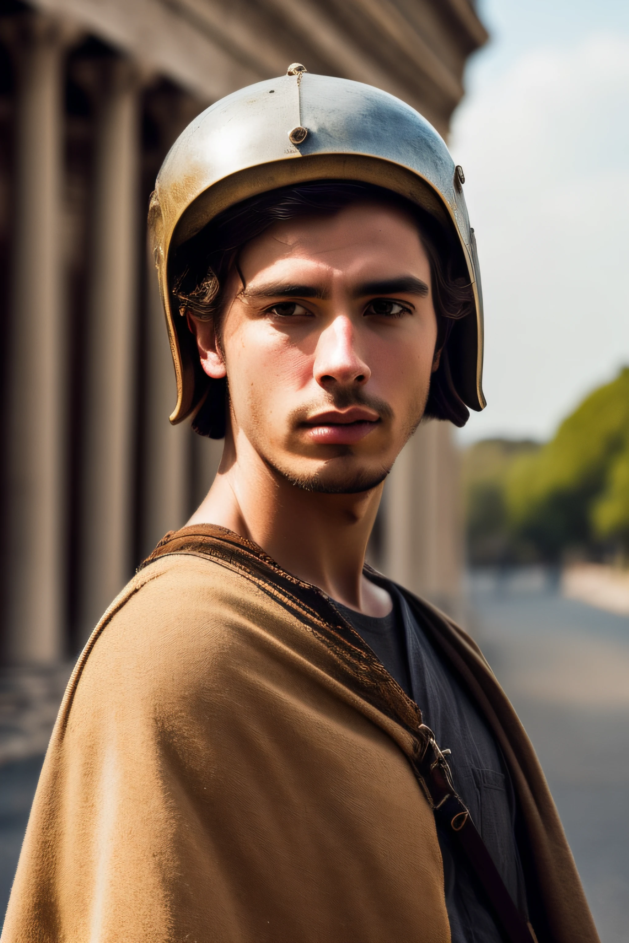 Ancient Roman man, The Parthenon, Mediterranean, hazel eyes, auburn crew cut hair, stubble shaving, frustrated, lavish details, lorica segmentata full armor, galea helmet, flutter cape, cinematic pose, rome city background, romanarmy, fantrome, roman soldier, roman city, roman pillars, Style by Gregory Crewdson.
, super-realistic style, highly cinematic, Sharp focus, Sun lighting, hyper-realistic aesthetic, visually stunning, emotionally evocative photographs