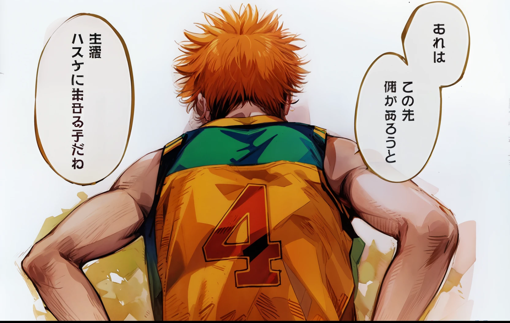 (HD), (masterpiece), (best quality), a anime of a boy from behind, behind, watercolor painting, orange hair color, 4, wearing basketball uniform, text bubble speech, in the basketball practice room, color manga, manga color, color manga, color manga panel, simple background