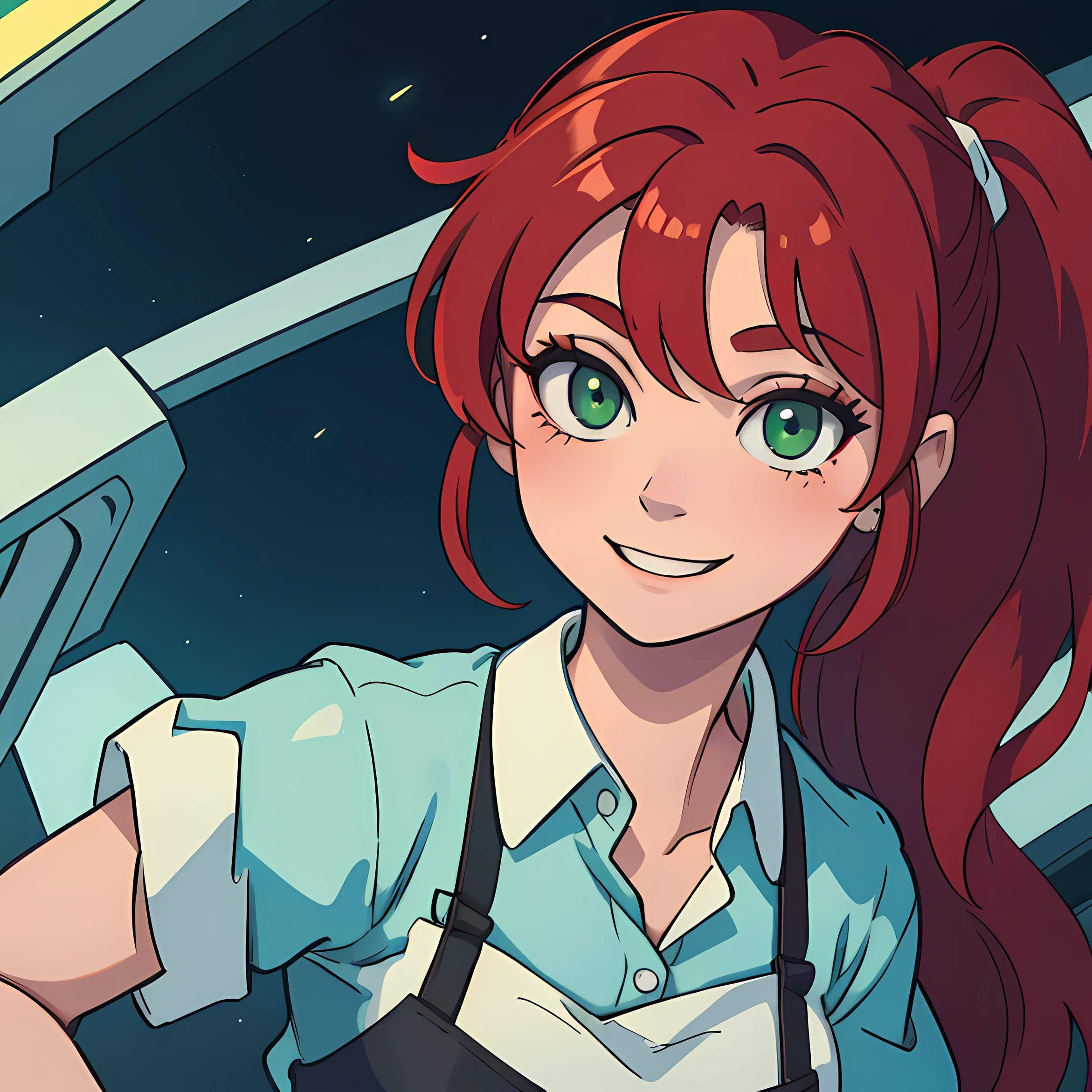 beautiful red head with a pony tail in a sci fi waitress uniform, with green eyes smiling