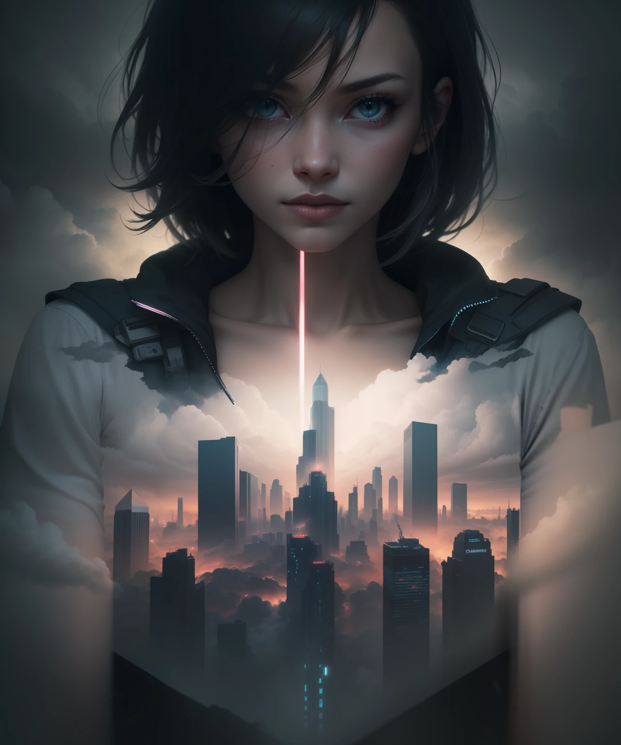 cyberpunk [foggy cityscape in the distance : very pretty girl, city:0.33] immersed in a giant flow of wind, living in a thunder cloud, behind the cloud, (double exposure:1.3), photo by Brandon Woelfelmist, surreal dream, gray atmosphere, rainy day, dynamic, lut, hdr