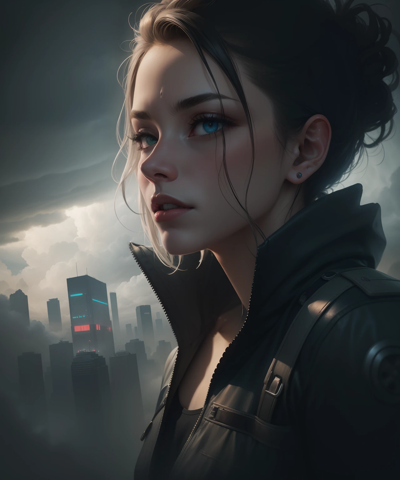 cyberpunk [foggy cityscape in the distance : very pretty girl, city:0.33] immersed in a giant flow of wind, living in a thunder cloud, behind the cloud, (double exposure:1.3), photo by Brandon Woelfelmist, surreal dream, gray atmosphere, rainy day, dynamic, lut, hdr