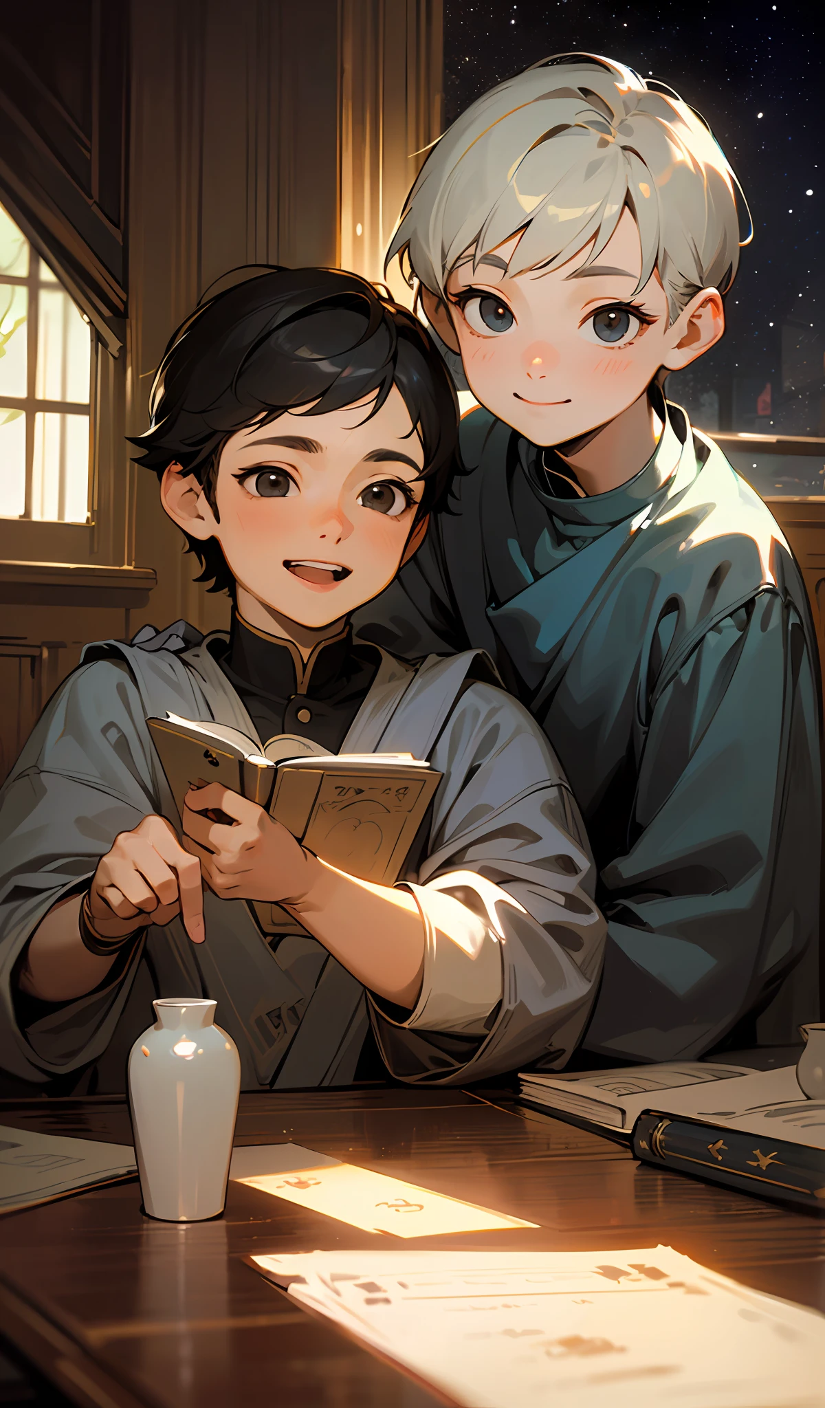 Masterpiece, High quality, ((Photorealistic)), Film directed by, (High contrast), Depth of field, (Award-winning difference photos), detail in face, Detailed drawing,Two little boys with short hair sat on the table,There are old magic books on the table,The boy has short hair,Hairstyles,Black color hair,Black eyes,God's eyes are beautiful,The boy pointed to the camera,Fingers tucked away in sleeves,Beautiful starry sky outside the window,extreamly cute,Cheerful boy,sib,A sweet smile appeared on his face,Laughing heartily,beautidful eyes,The face is meticulously depicted,The color contrast of the picture is strong,Bright tones,Colorful picture,Strong sense of light