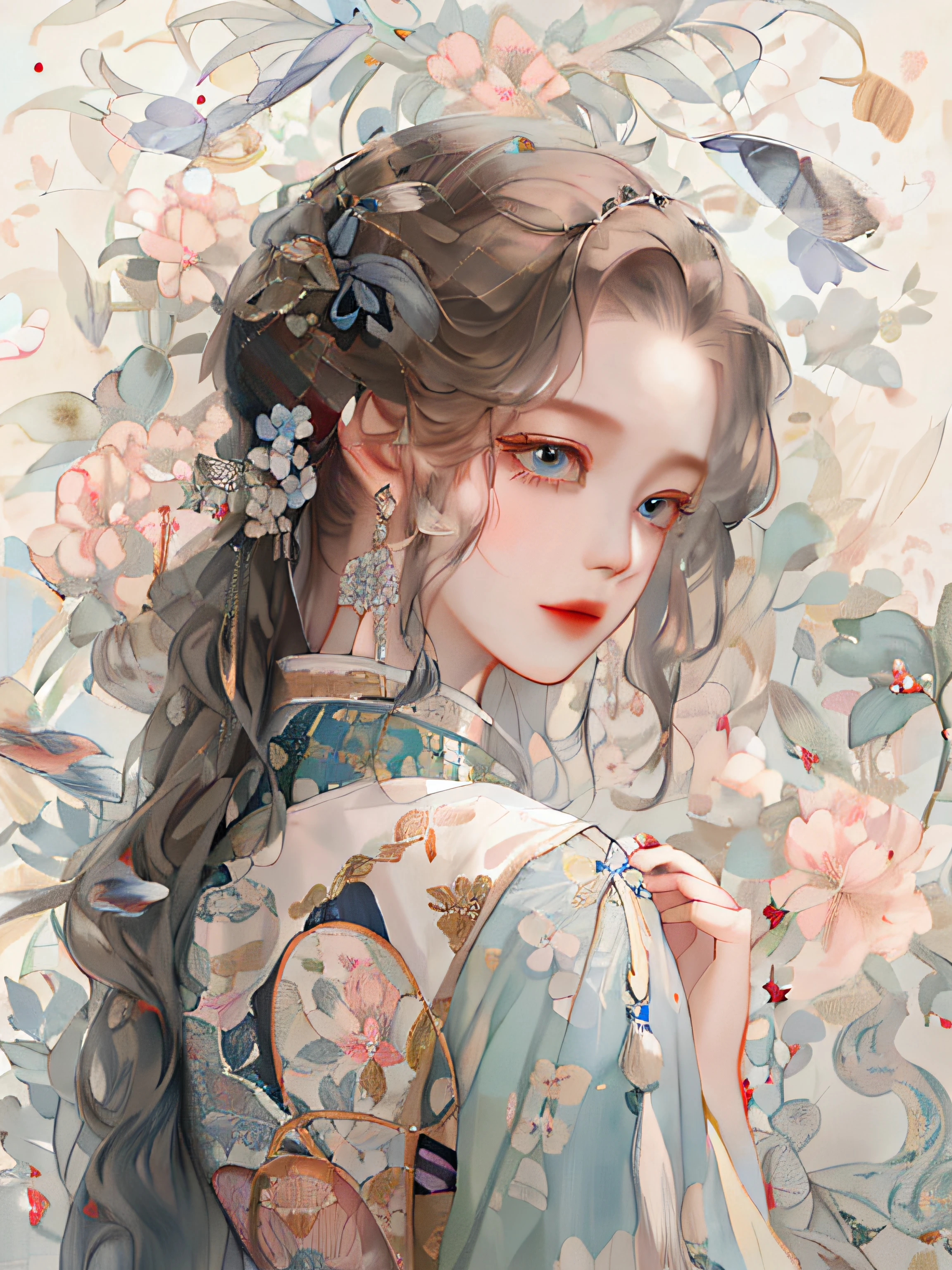 Anime girl with long hair and blue eyes in a floral dress, Palace ， A girl in Hanfu, Guviz-style artwork, Guviz, A beautiful artwork illustration, Beautiful digital artwork, Beautiful digital illustration, Beautiful character painting, Exquisite digital illustration, By Li Song, Cute detailed digital art, trending on cgstation, by Yang J