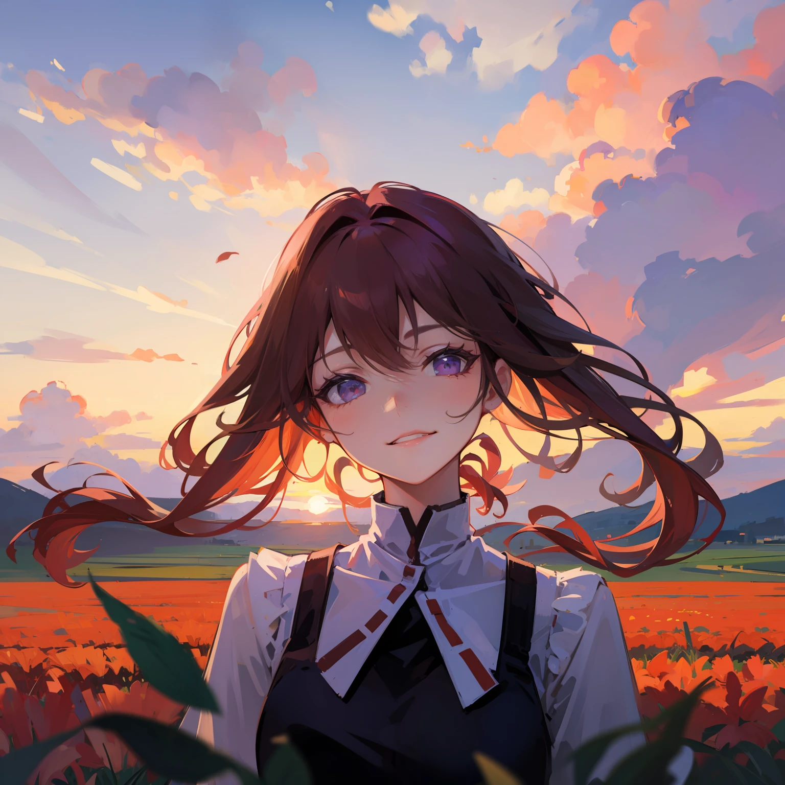 girl standing in field, closeup, portrait, clouds, sunrise