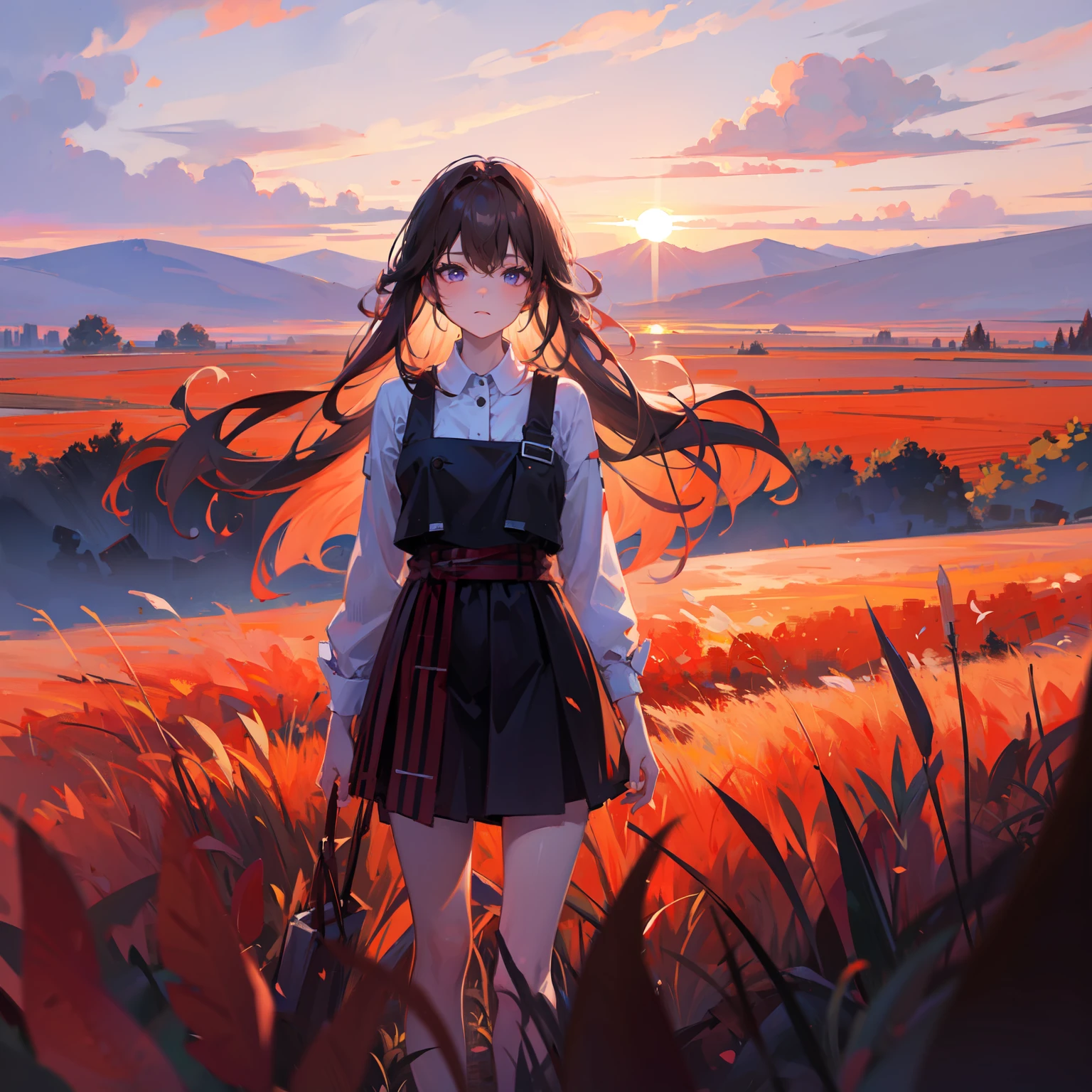 girl standing in field, closeup, portrait, clouds, sunrise