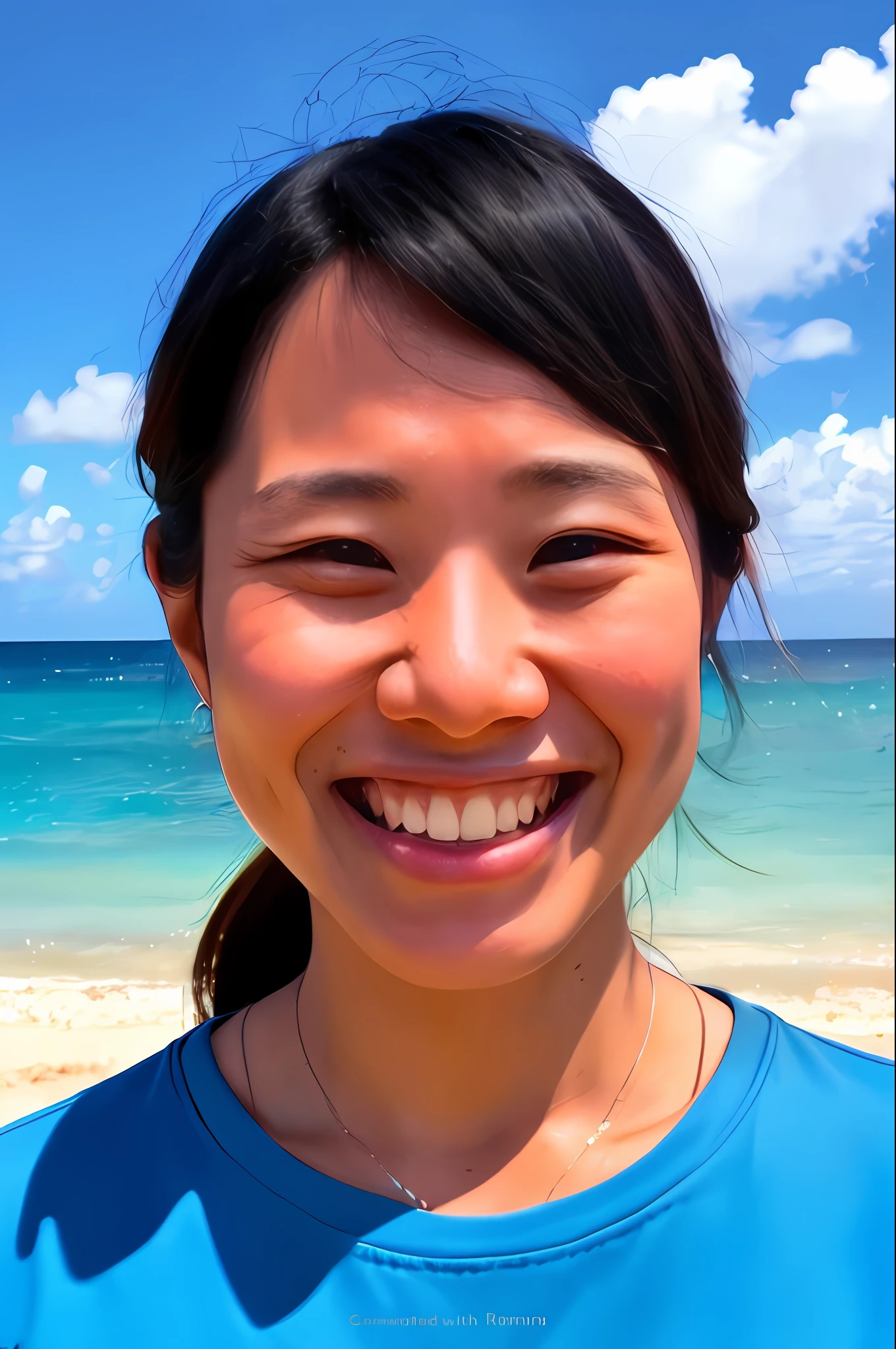 Smiling woman on beach with blue shirt and blue sky, Na Kawahara々favor, Kazue Kato, Aoi Ogata, Masami Suda, Ai Yazawa, Kiyoko Suzuki, maya takamura, nishimiya shouko, Shiori Teshirogi, meg kimura, Yuka Kazami, gemma chen