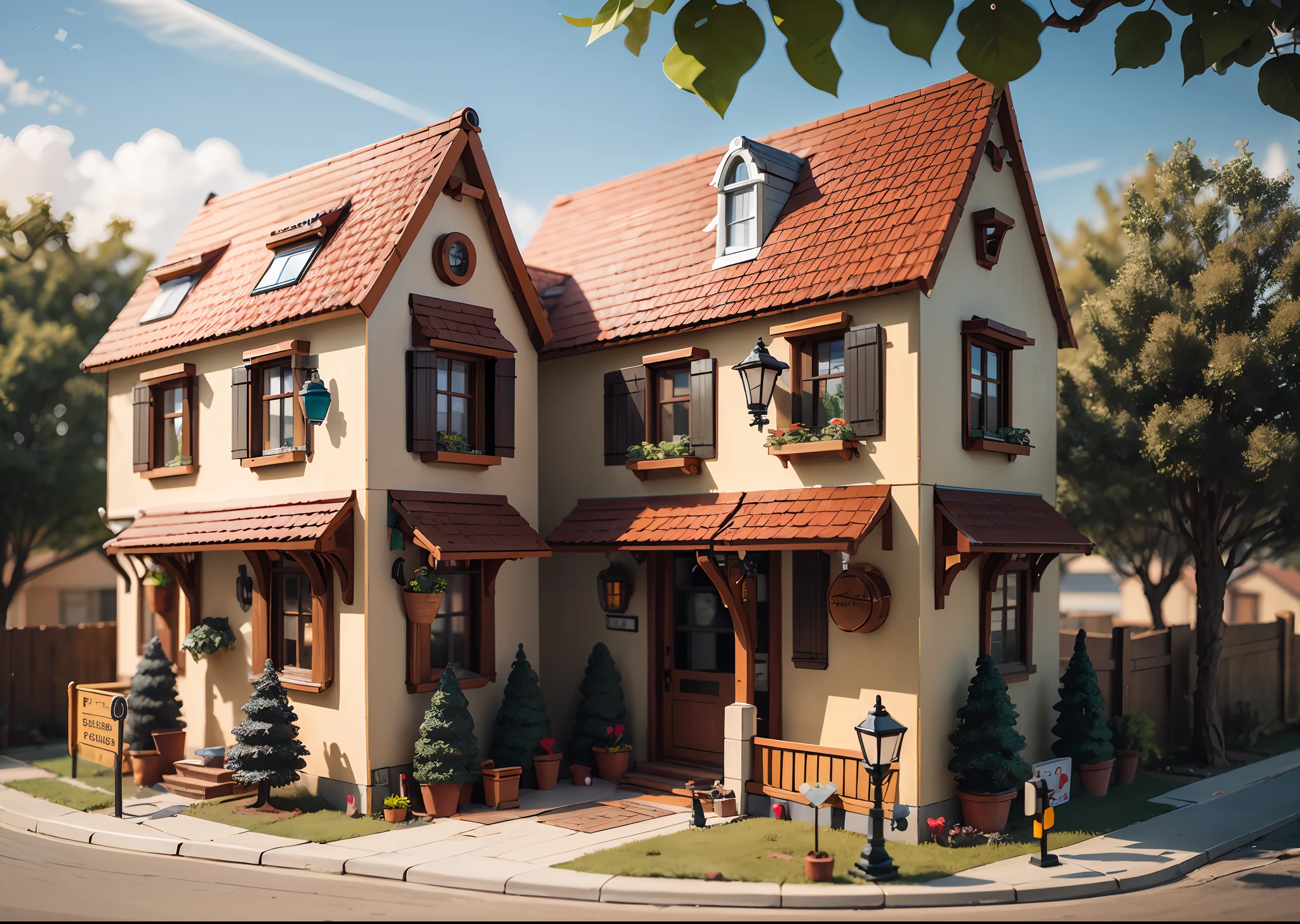 house,shop, two-storey house, yard, street lamp, fence,tree ,outdoors, built from LEGO.
