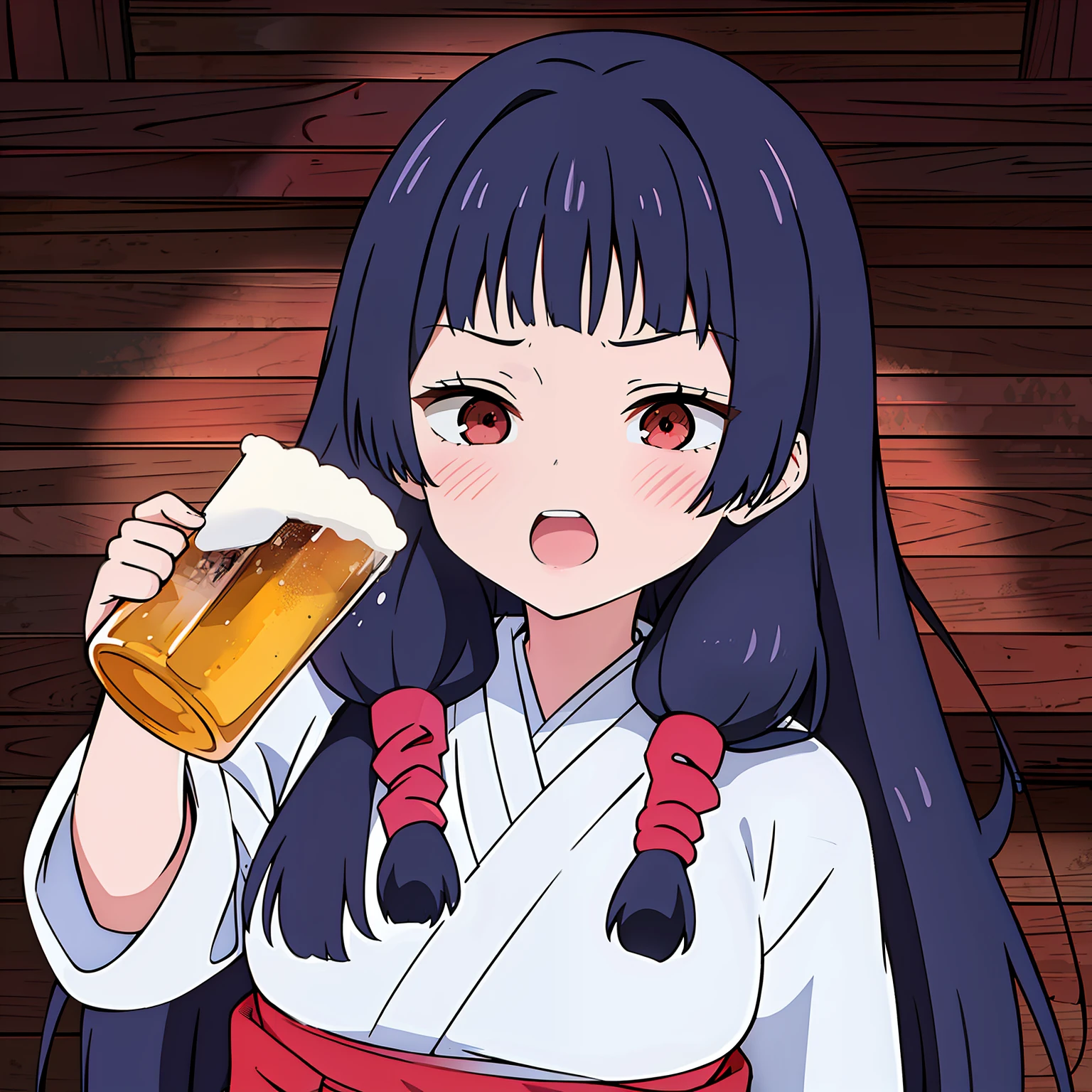 Twin-tailed、shrine maiden、bangss、Dark hair、long、masutepiece, ((hyper detailed background, Delicate pattern, intricate detailes)), (Highly detailed, Fine details), Best Quality, Beautiful lighting, ((medium breasts, Slim Girl)), beer、Drunk、Open mouth、sitted、Woman with beer mug、songstress、Zito-order、