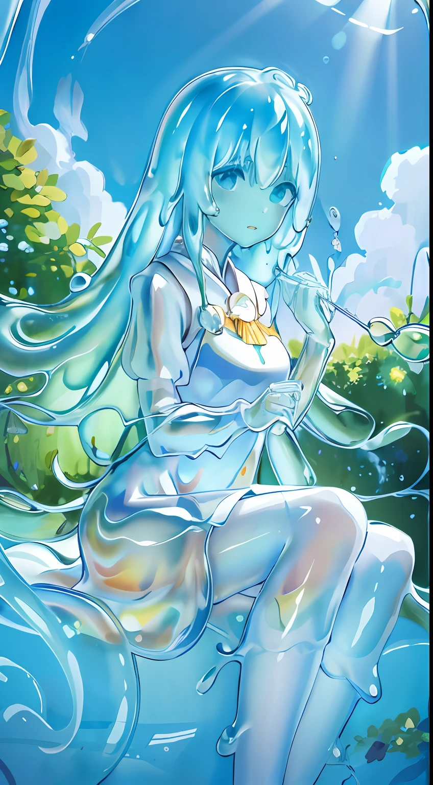 (masterpiece,best quality,ultra-detailed,best illustration:1.3), 1girl, (slime girl:1.3), ( transparent:1.3), (see-through:1.1),sitting, white highhighs, (refraction,reflection:1.1) , transparent face,transparent body,transparent skin,sunshine day