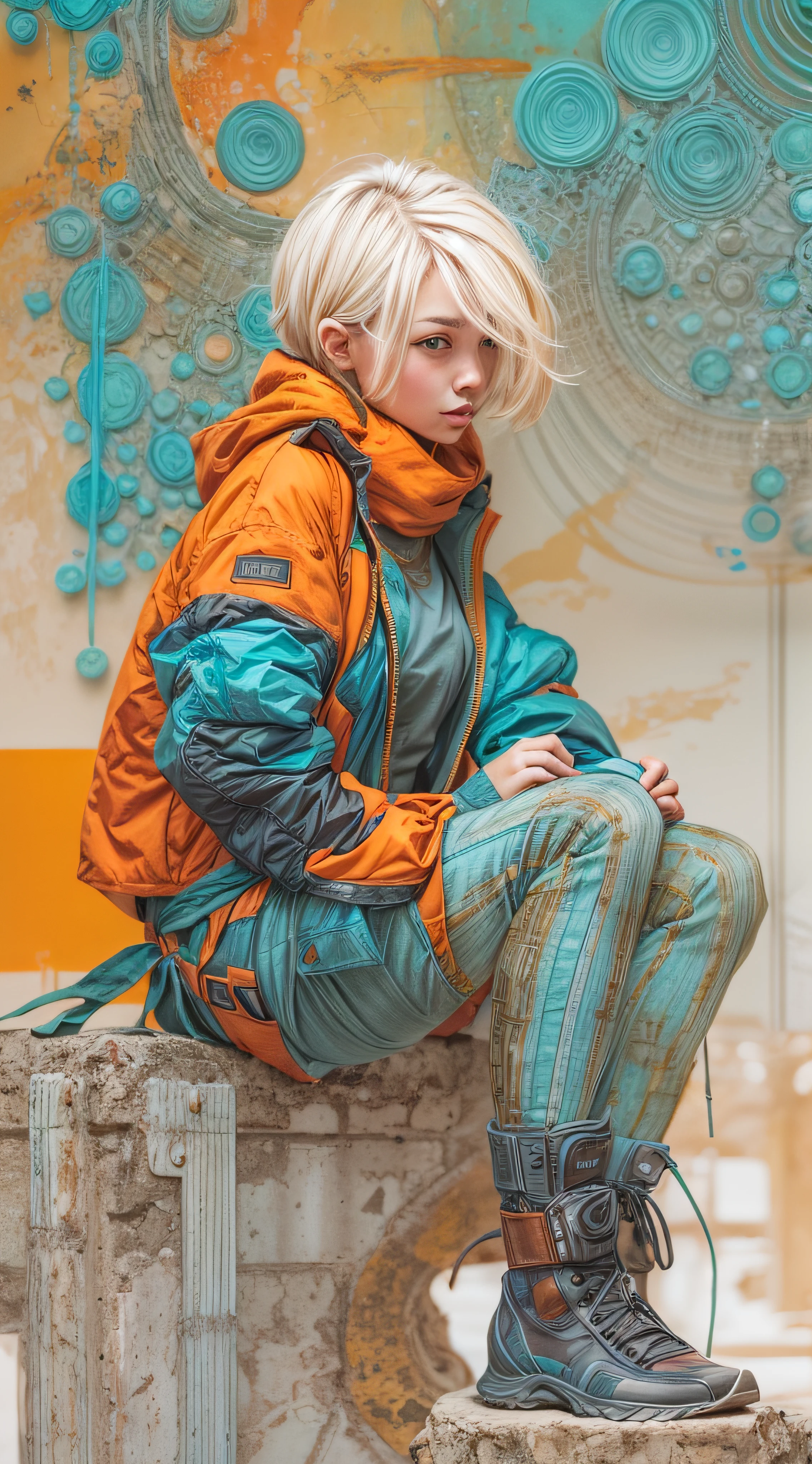 1monk warrior girl with blue orange techwear clothing, Short blonde hair, shoelace, Vintage Scifi Background Abstract, Art by Moebius, Art by Ashley Wood