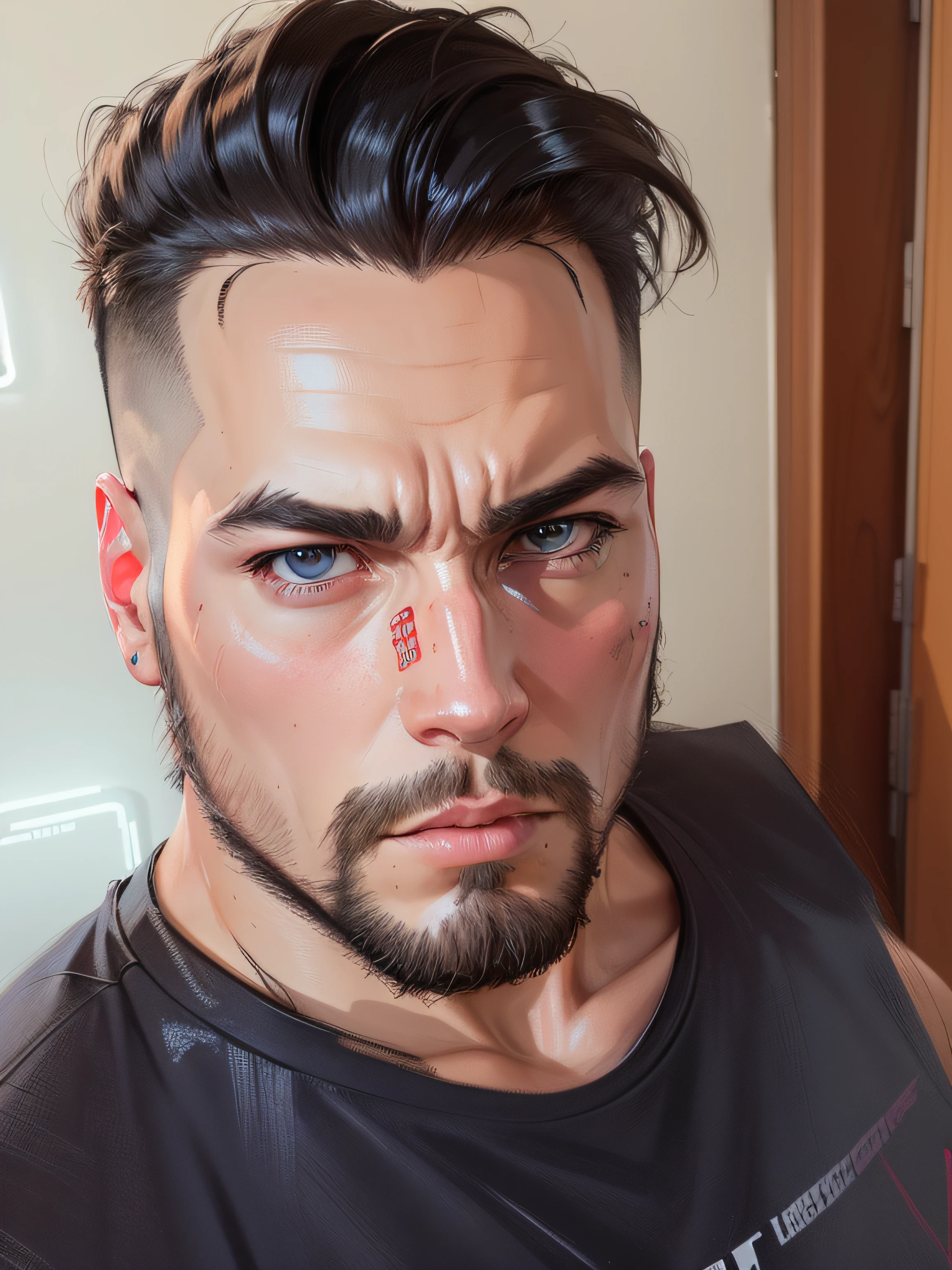 streaming setup with neon cyberpunk and lofi colors, heavy brush strokes. Wearing an oversized T-shirt with futuristic typography letter "P" logo and a black jacket with red details and the letter "P" spread out.